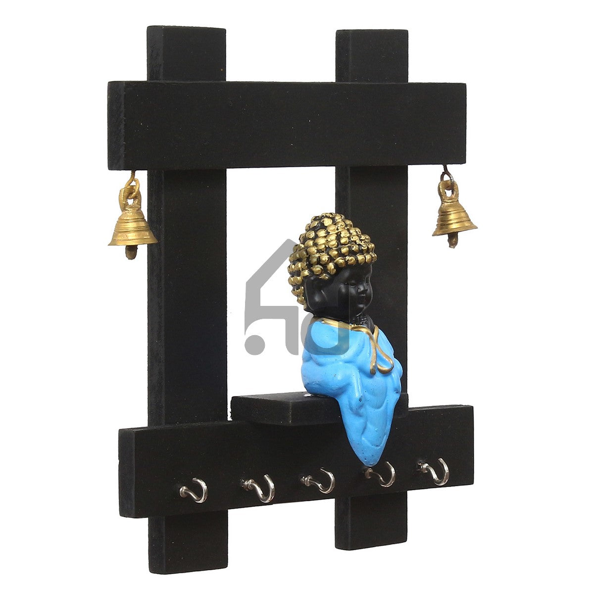 Blue and Black Peaceful Monk Buddha Idol Sitting Wooden Keyholder with 5 Key hooks Kafalo