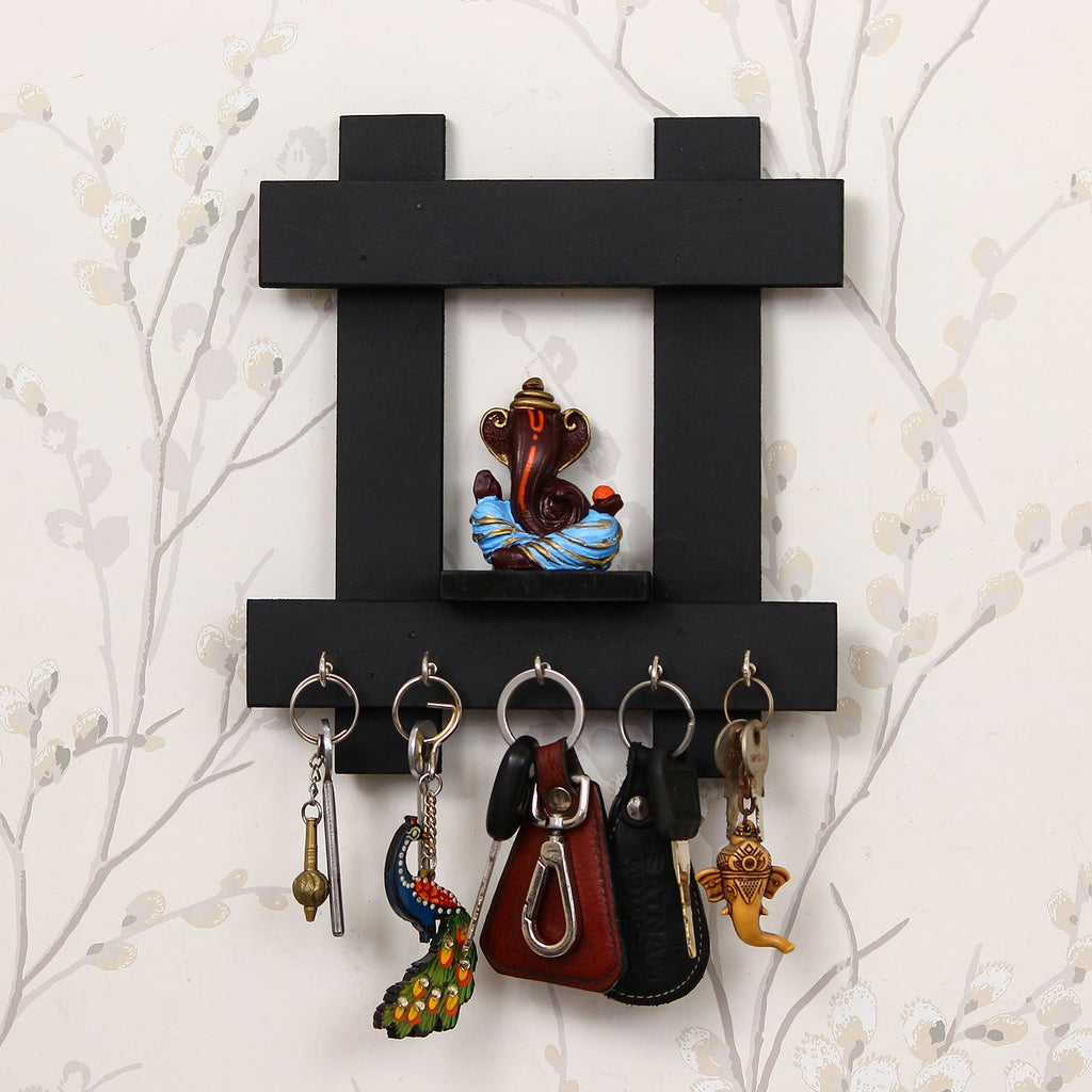 Polyresin Lord Ganesha Idol Wooden Key holder with 5 Key Hooks Kafalo