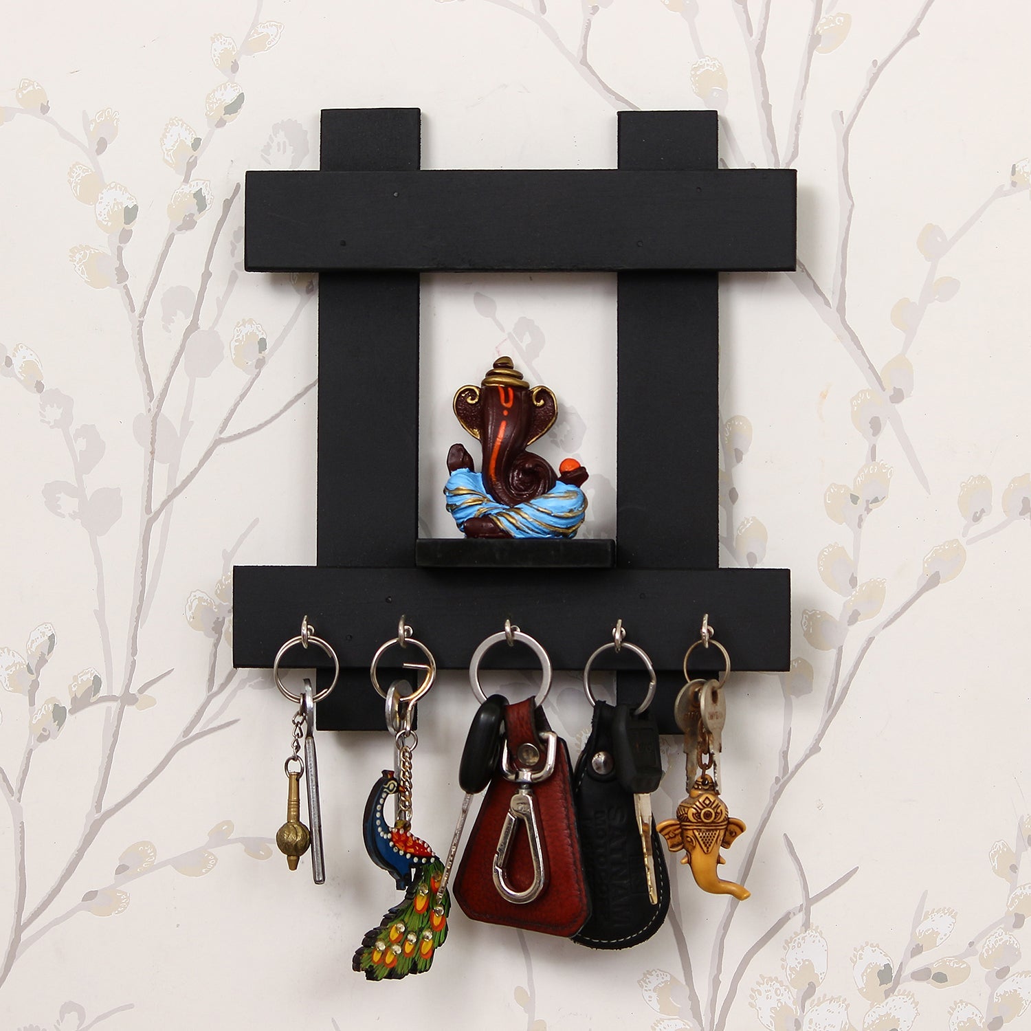 Polyresin Lord Ganesha Idol Wooden Key holder with 5 Key Hooks Kafalo