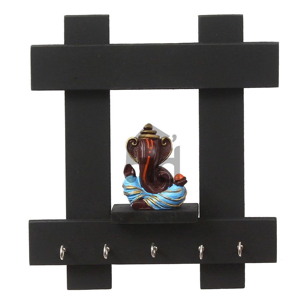 Polyresin Lord Ganesha Idol Wooden Key holder with 5 Key Hooks Kafalo