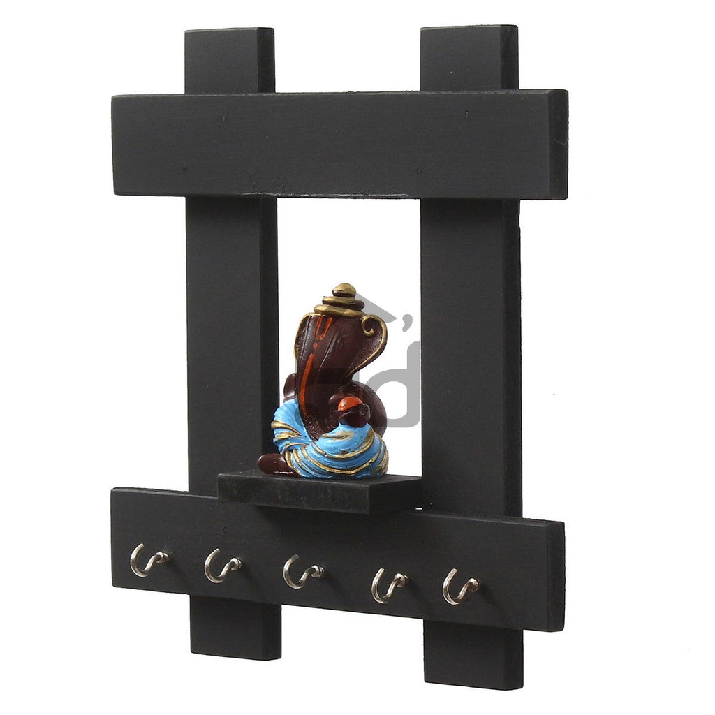 Polyresin Lord Ganesha Idol Wooden Key holder with 5 Key Hooks Kafalo
