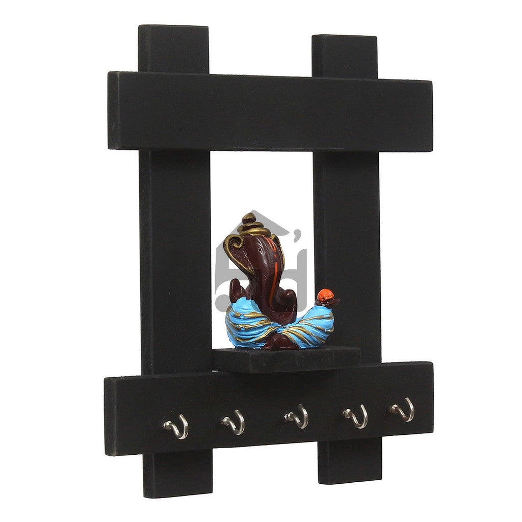 Polyresin Lord Ganesha Idol Wooden Key holder with 5 Key Hooks Kafalo