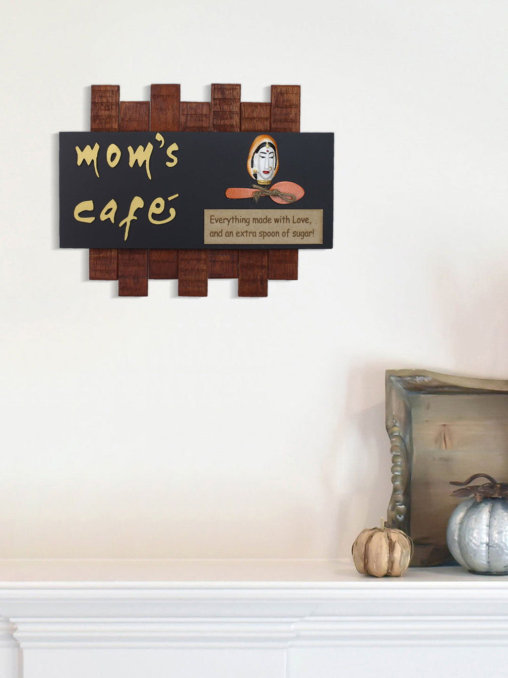 Wooden Mom's Cafe Wall Hanging Decorative Showpiece ( Brown & Black ) Kafalo