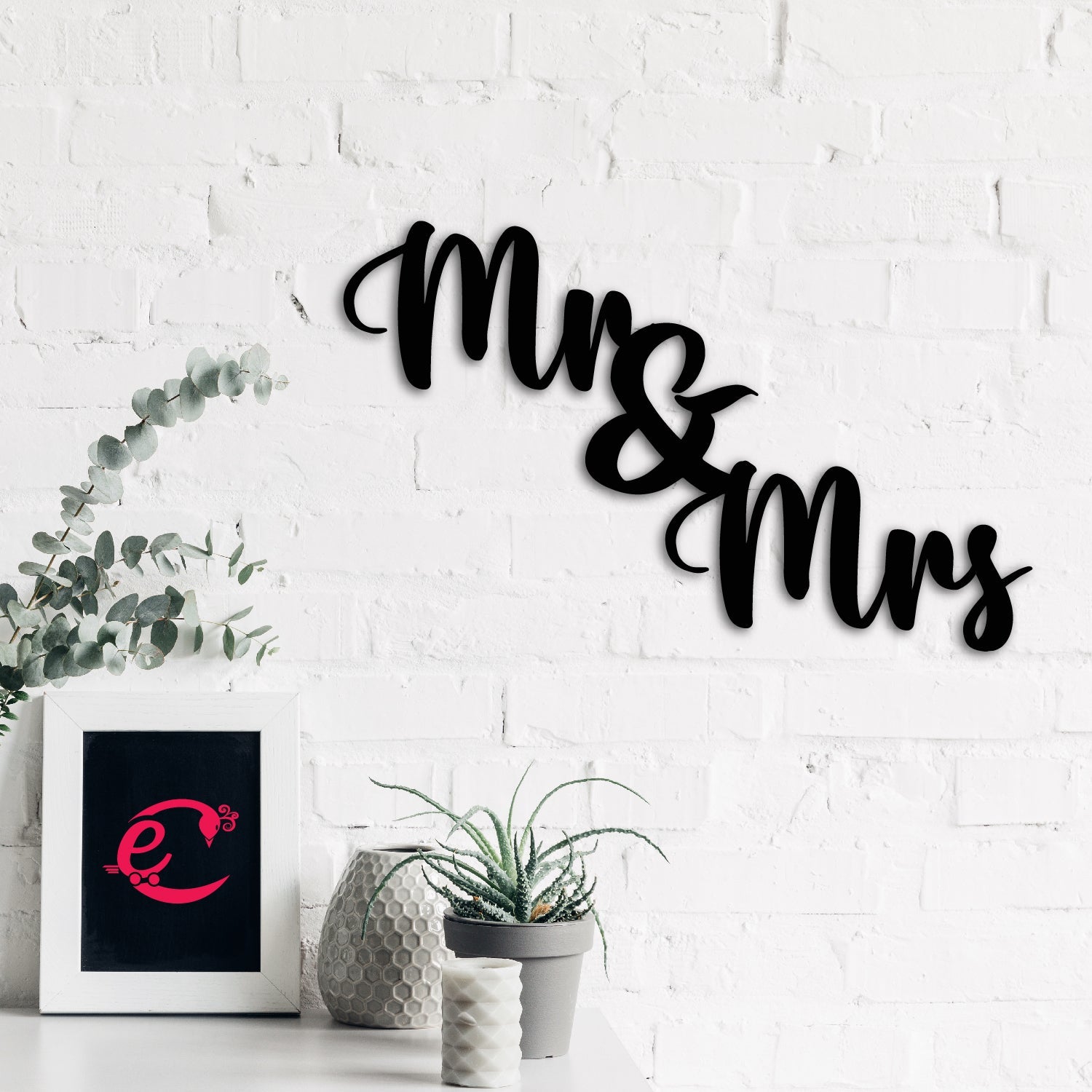 "Mr & Mrs" Black Engineered Wood Wall Art Cutout, Ready to Hang Home Decor Kafalo