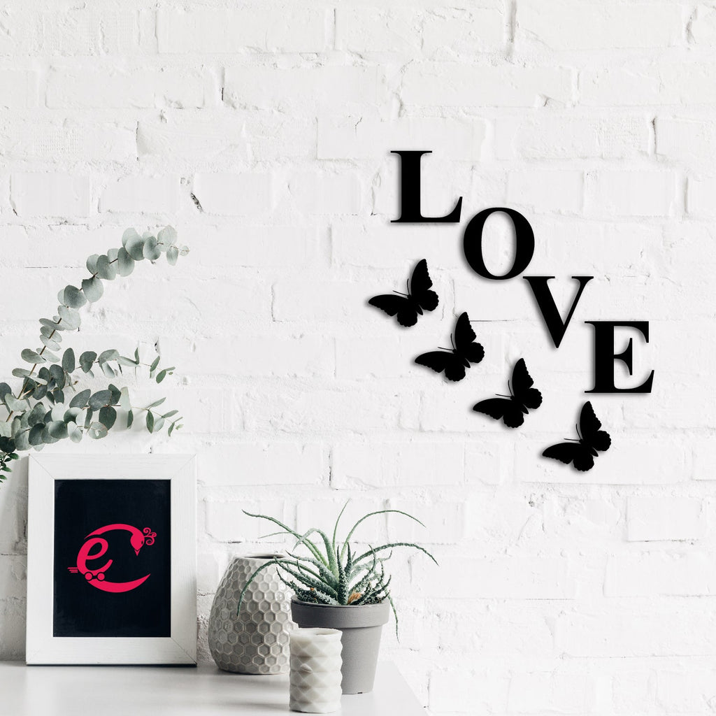 Love With Butterfly Black Engineered Wood Wall Art Cutout, Ready To Hang Home Decor Kafalo