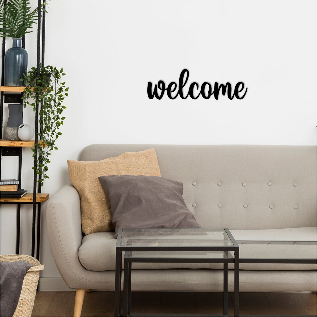 Welcome Black Engineered Wood Wall Art Cutout, Ready To Hang Home Decor Kafalo