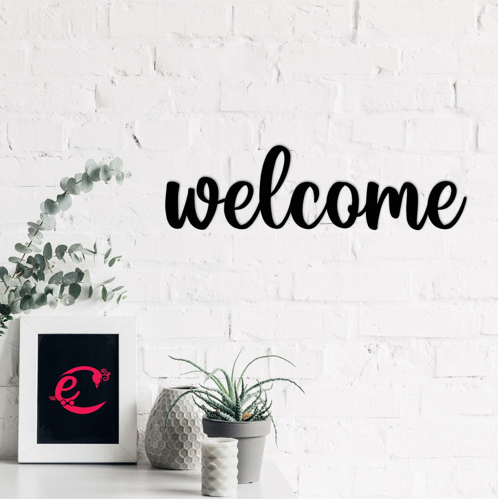 Welcome Black Engineered Wood Wall Art Cutout, Ready To Hang Home Decor Kafalo