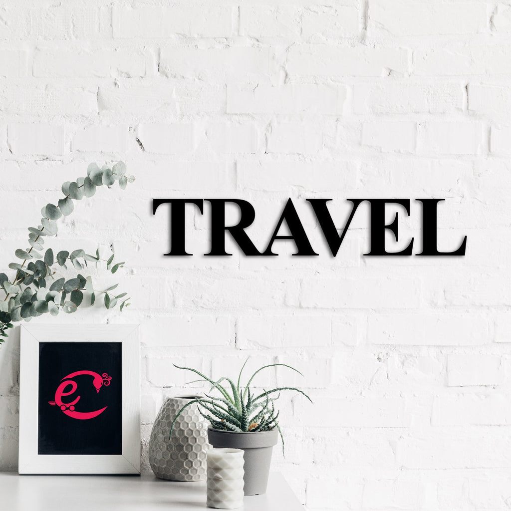 "TRAVEL" Black Engineered Wood Wall Art Cutout, Ready to Hang Home Decor Kafalo