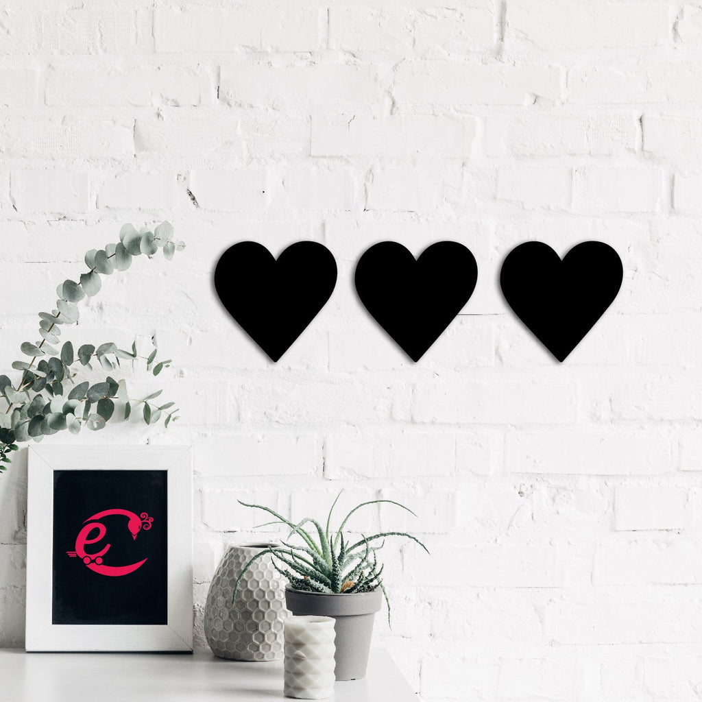 Set of 3 "Hearts" Black Engineered Wood Wall Art Cutout, Ready to Hang Home Decor Kafalo