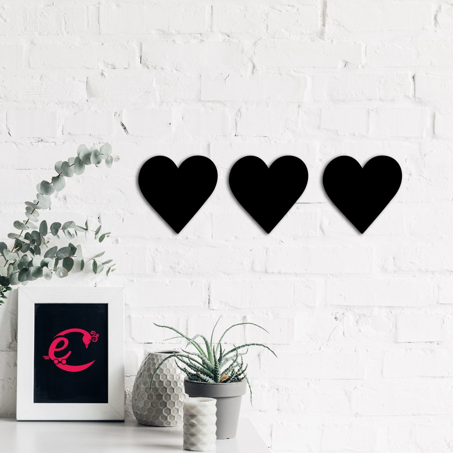 Set of 3 "Hearts" Black Engineered Wood Wall Art Cutout, Ready to Hang Home Decor Kafalo
