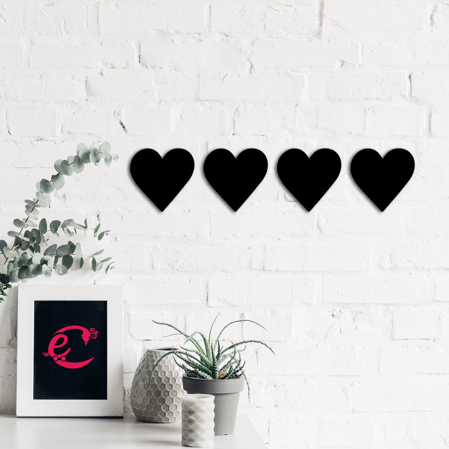 Set of 4 "Hearts" Black MDF Engineered Wooden Wall Art/Hanging Cutout for Home DÃ©cor Kafalo