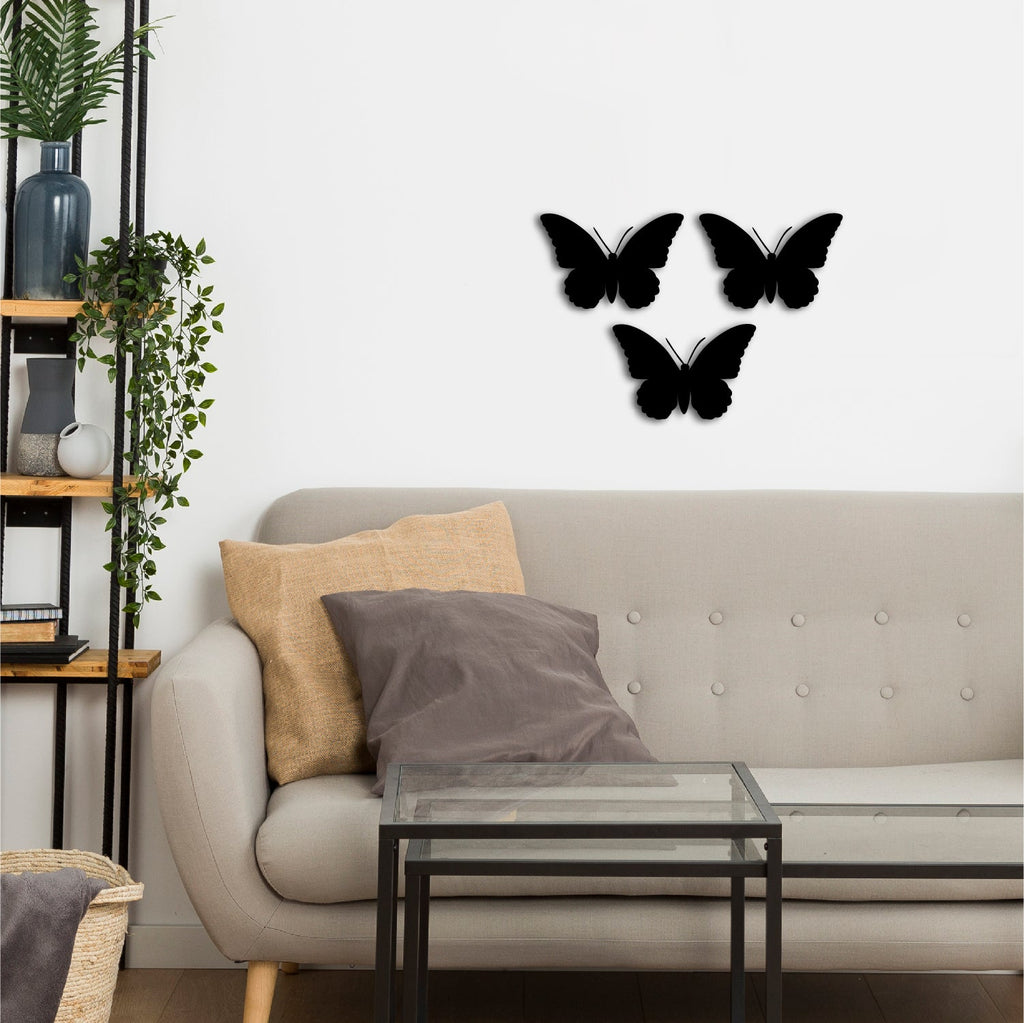 Set of 3 "Butterflies" Black Engineered Wood Wall Art Cutout, Ready to Hang Home Decor Kafalo