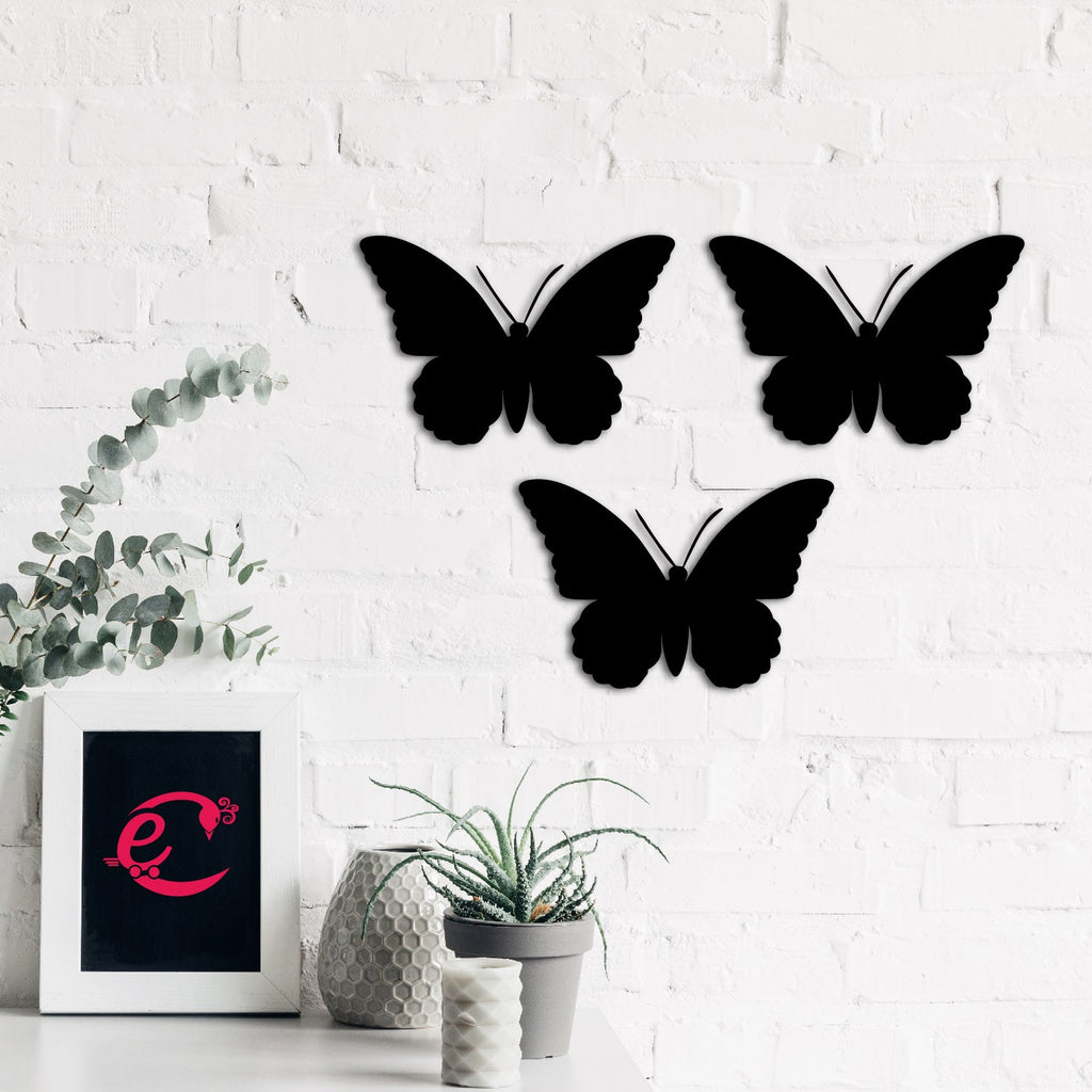Set of 3 "Butterflies" Black Engineered Wood Wall Art Cutout, Ready to Hang Home Decor Kafalo
