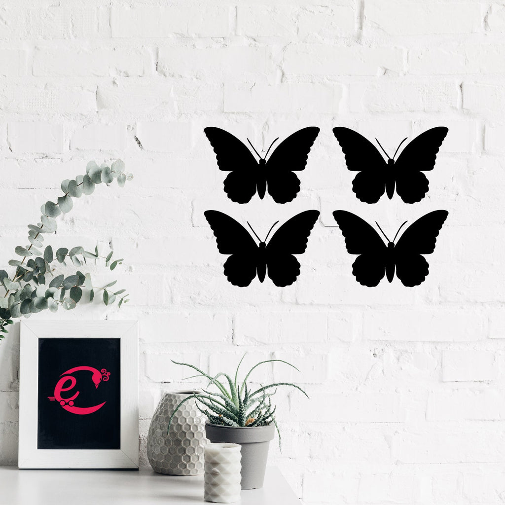 Set Of 4 "Butterflies" Black Engineered Wood Wall Art Cutouts, Ready To Hang Home Decor Kafalo