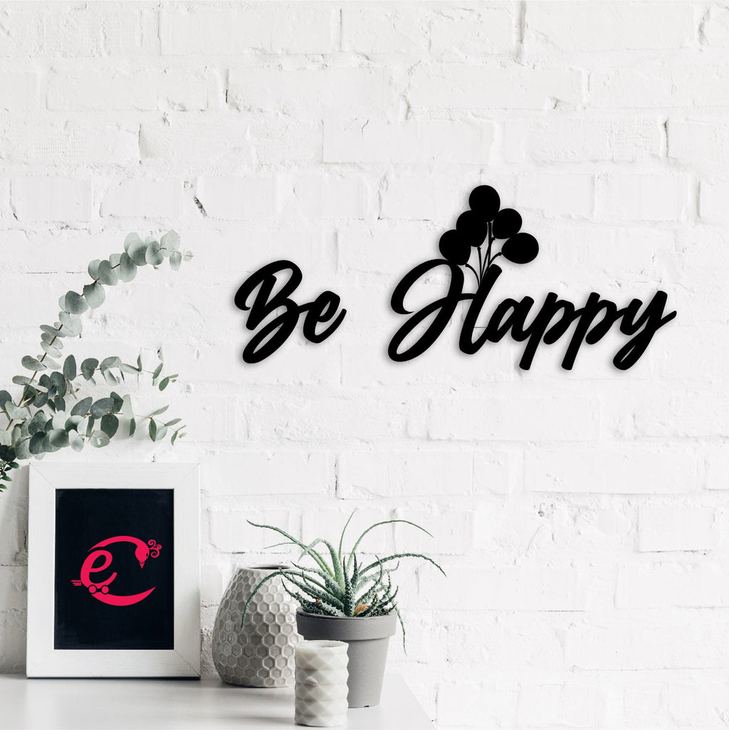 Be Happy With Balloons Black Engineered Wood Wall Art Cutout, Ready To Hang Home Decor Kafalo