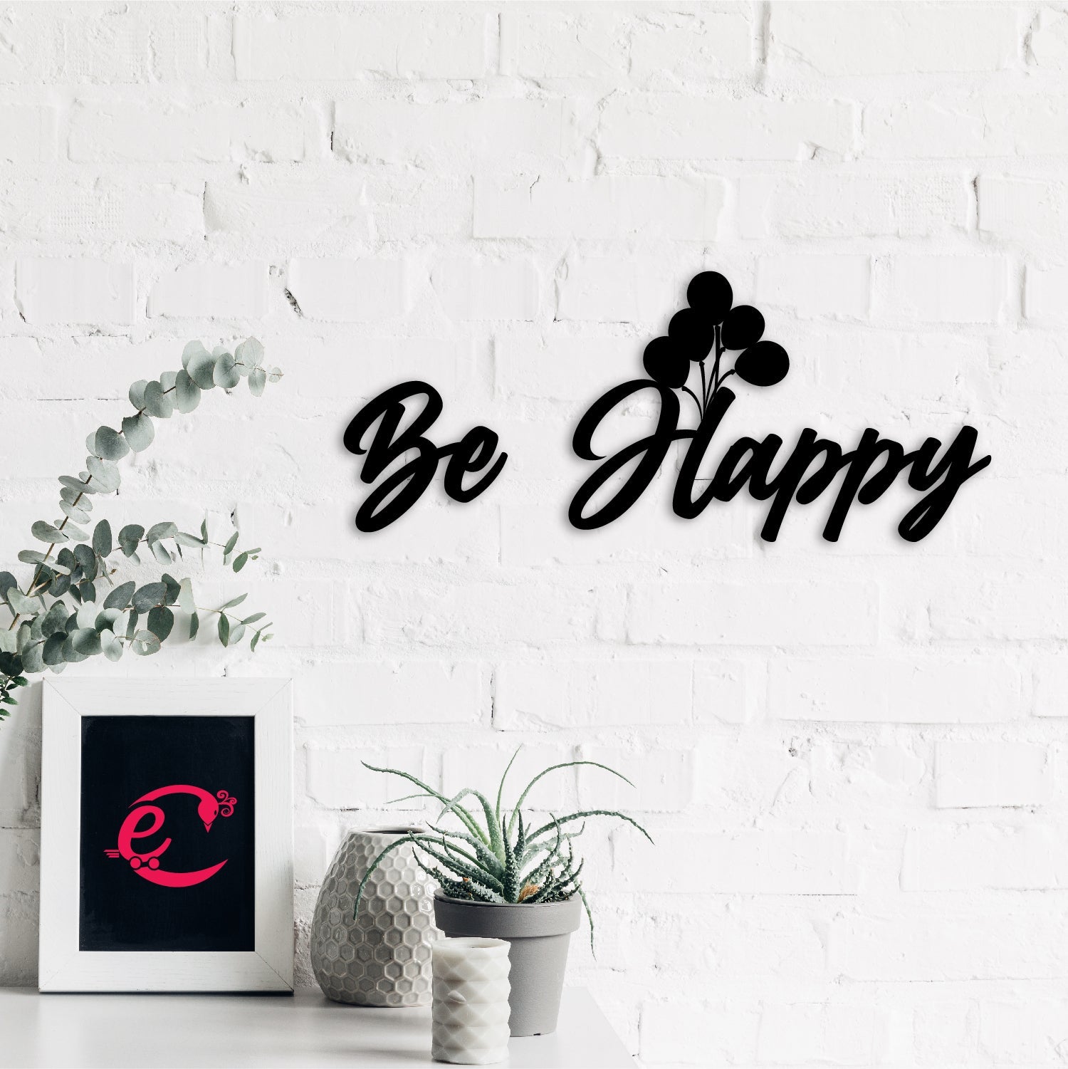 Be Happy With Balloons Black Engineered Wood Wall Art Cutout, Ready To Hang Home Decor Kafalo