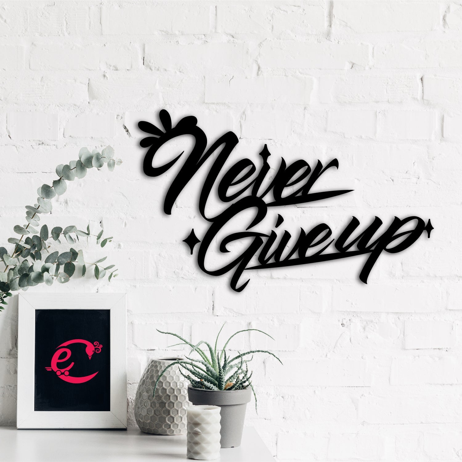 Never Give Up Black Engineered Wood Wall Art Cutout, Ready To Hang Home Decor Kafalo