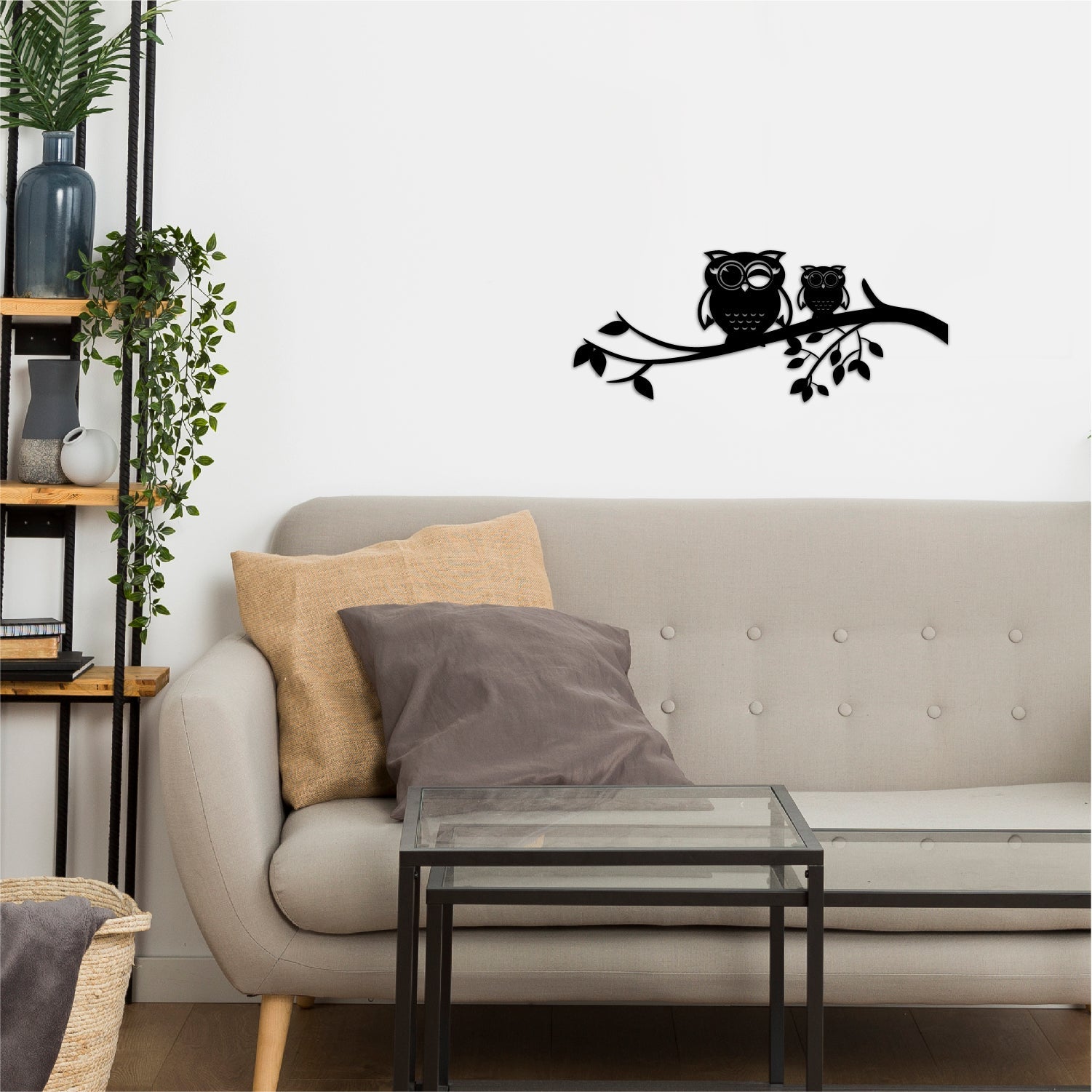 2 Owls On A Tree Branch Black Engineered Wood Wall Art Cutout, Ready To Hang Home Decor Kafalo