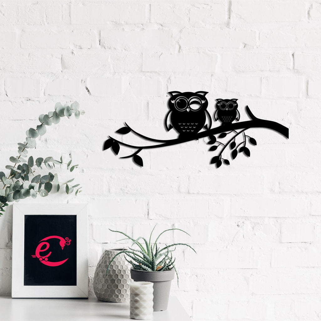 2 Owls On A Tree Branch Black Engineered Wood Wall Art Cutout, Ready To Hang Home Decor Kafalo