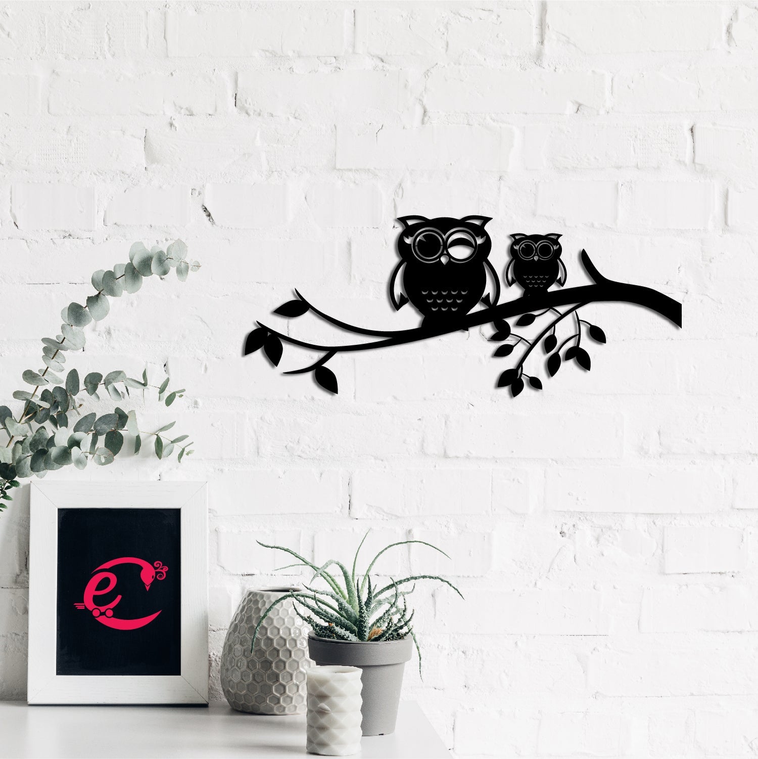 2 Owls On A Tree Branch Black Engineered Wood Wall Art Cutout, Ready To Hang Home Decor Kafalo