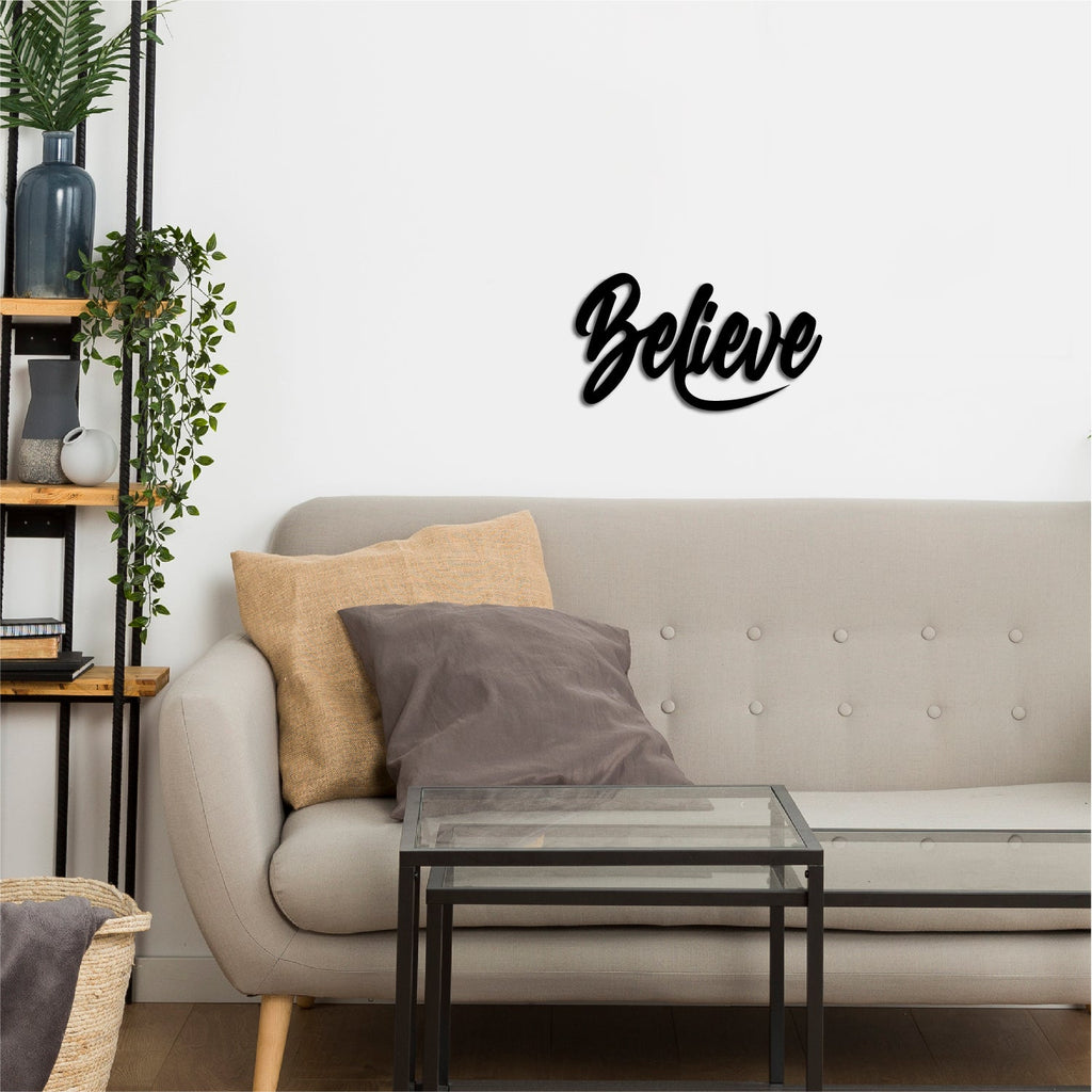 "Believe" Black Engineered Wood Wall Art Cutout, Ready to Hang Home Decor Kafalo