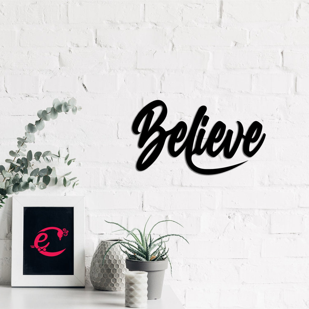"Believe" Black Engineered Wood Wall Art Cutout, Ready to Hang Home Decor Kafalo
