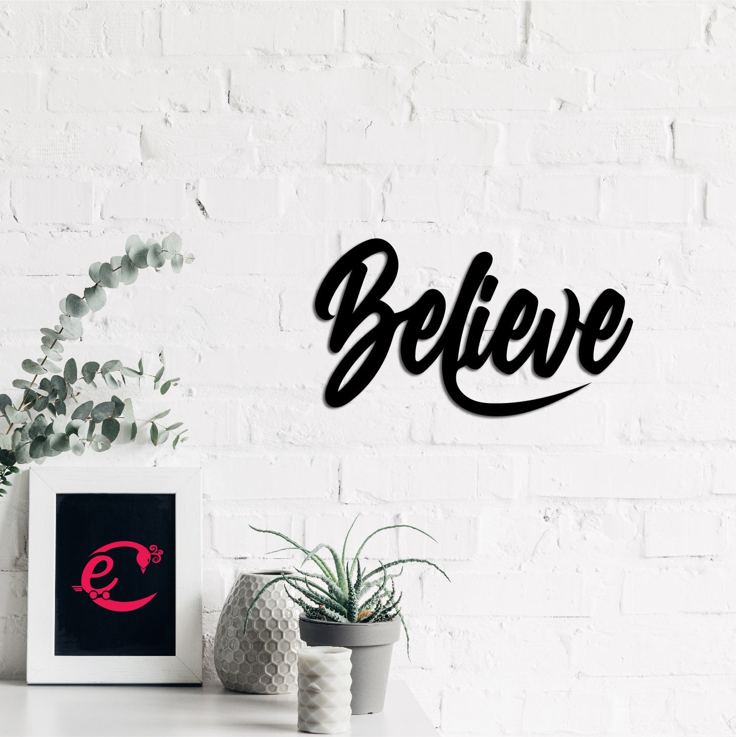 "Believe" Black Engineered Wood Wall Art Cutout, Ready to Hang Home Decor Kafalo