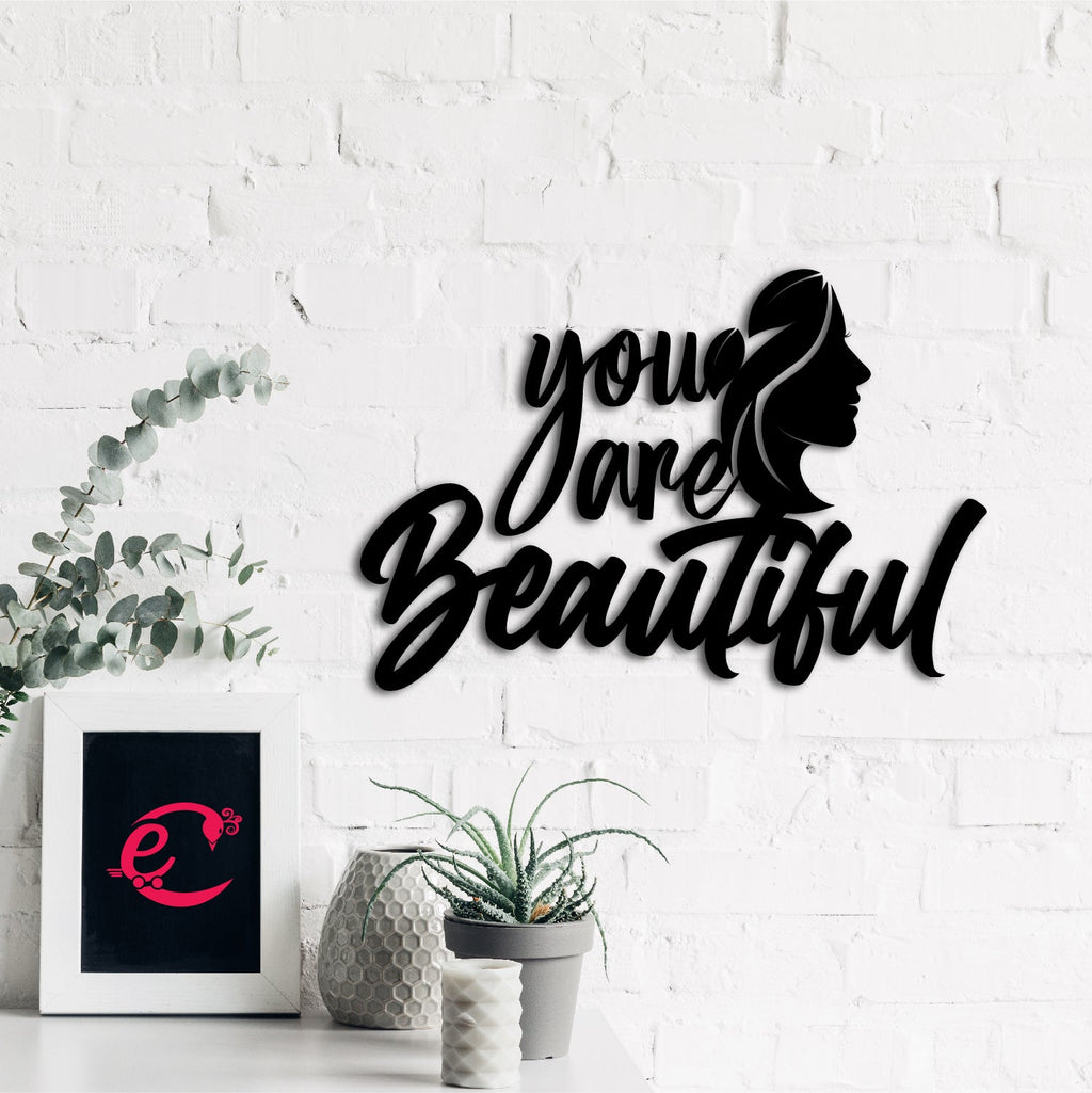 "You Are Beautiful" Black Engineered Wood Wall Art Cutout, Ready to Hang Home Decor Kafalo