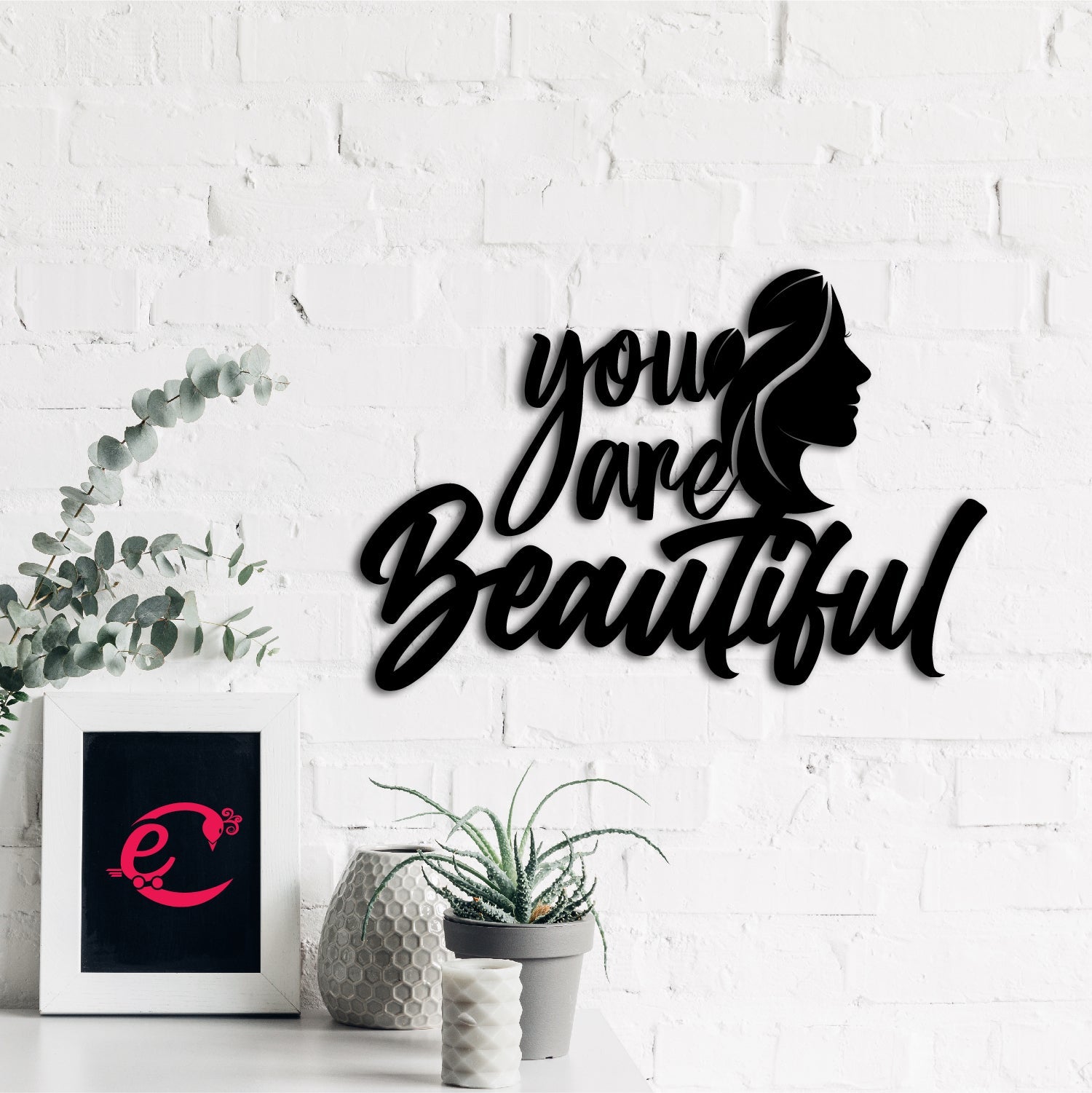 "You Are Beautiful" Black Engineered Wood Wall Art Cutout, Ready to Hang Home Decor Kafalo