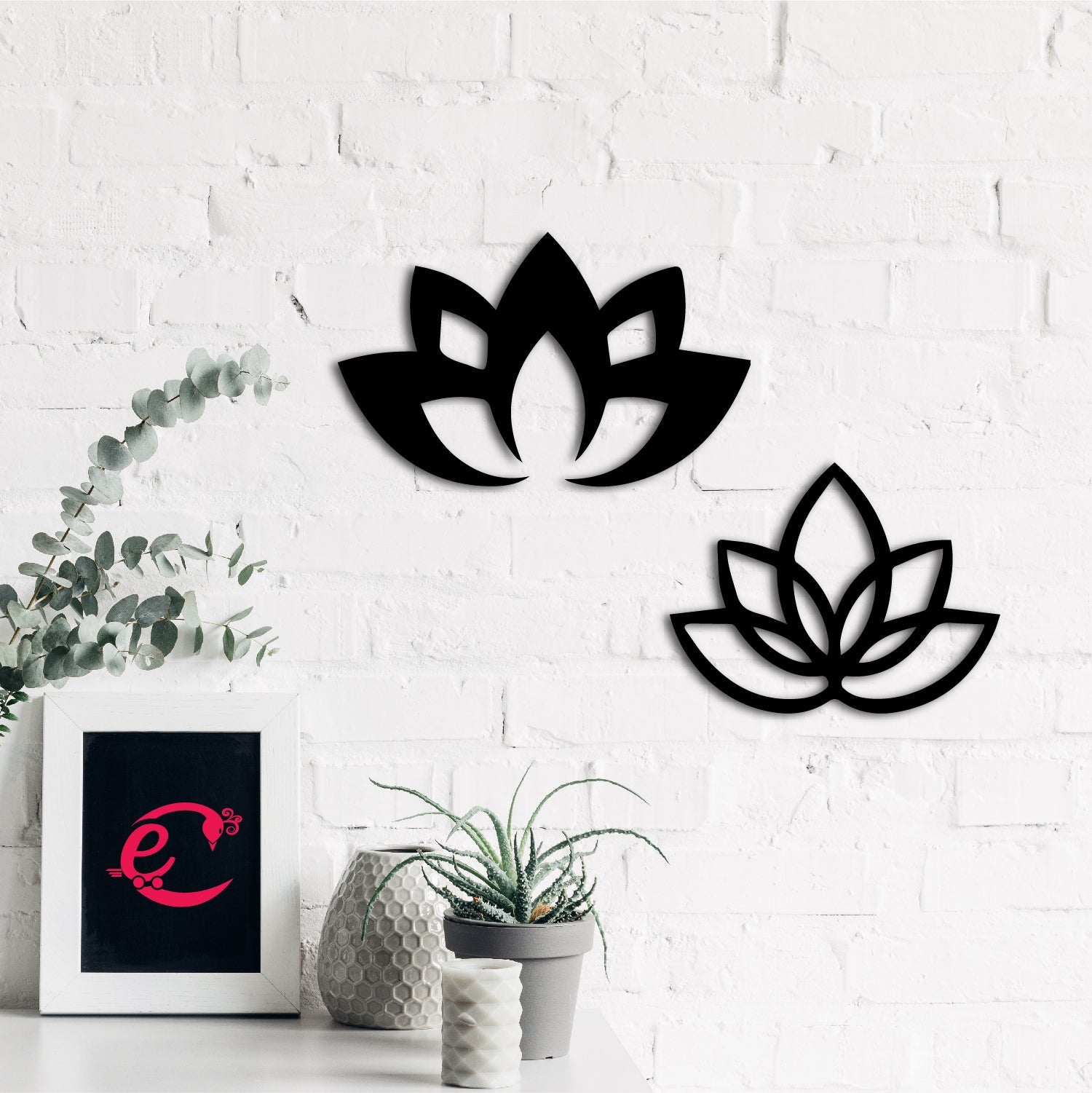 2 Lotus Black Engineered Wood Wall Art Cutout, Ready To Hang Home Decor Kafalo