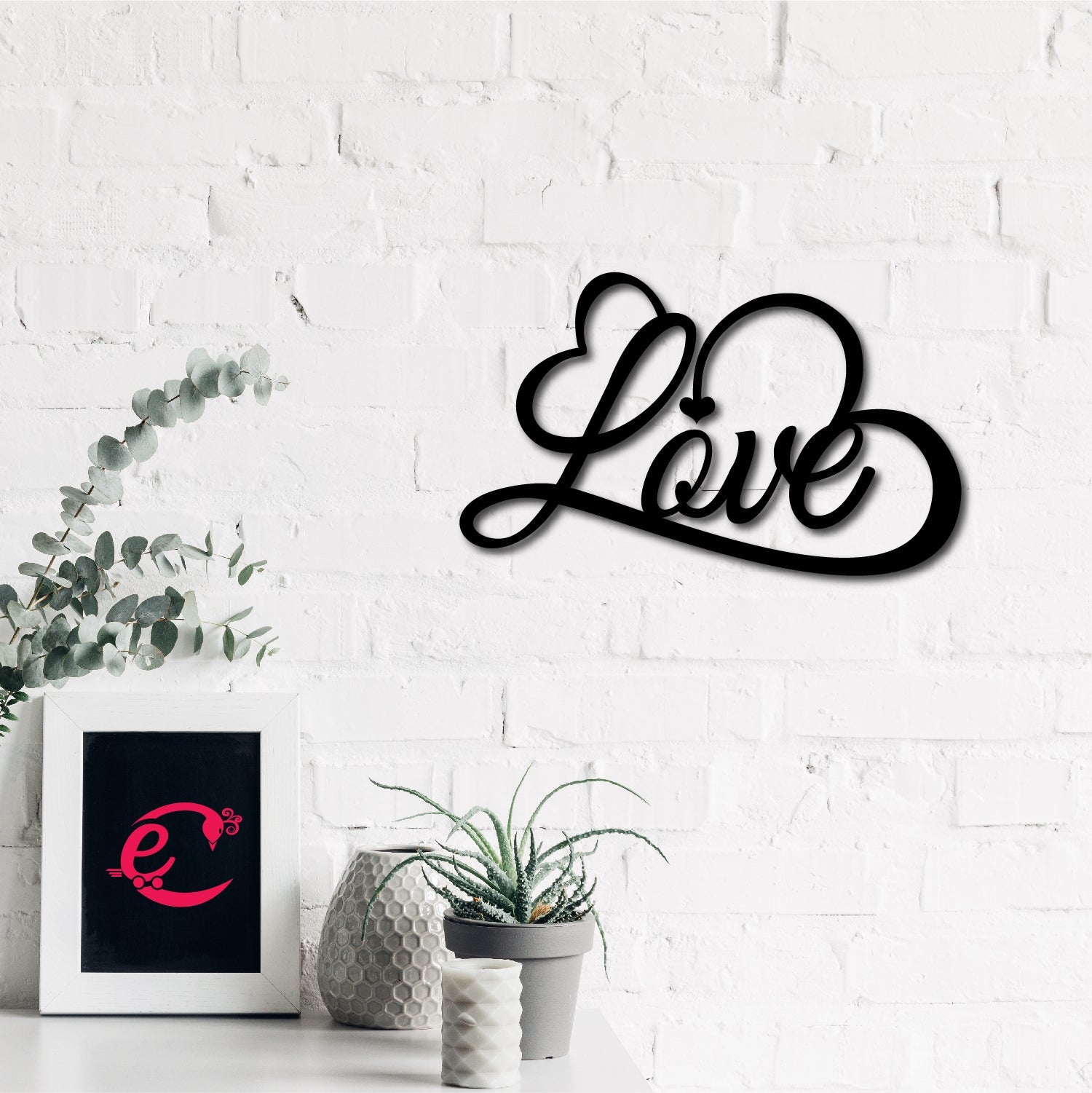 "Love with Hearts" Black Engineered Wood Wall Art Cutout, Ready to Hang Home Decor Kafalo
