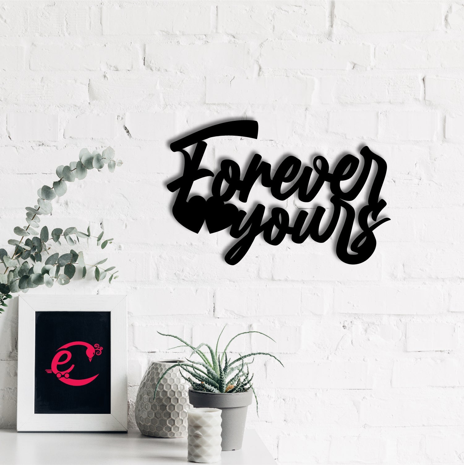 "Forever Yours" Love Theme Black Engineered Wood Wall Art Cutout, Ready to Hang Home Decor Kafalo