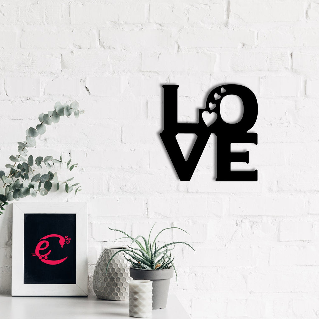 "Love with 4 Hearts" Valentine Theme Black Engineered Wood Wall Art Cutout, Ready to Hang Home Decor Kafalo