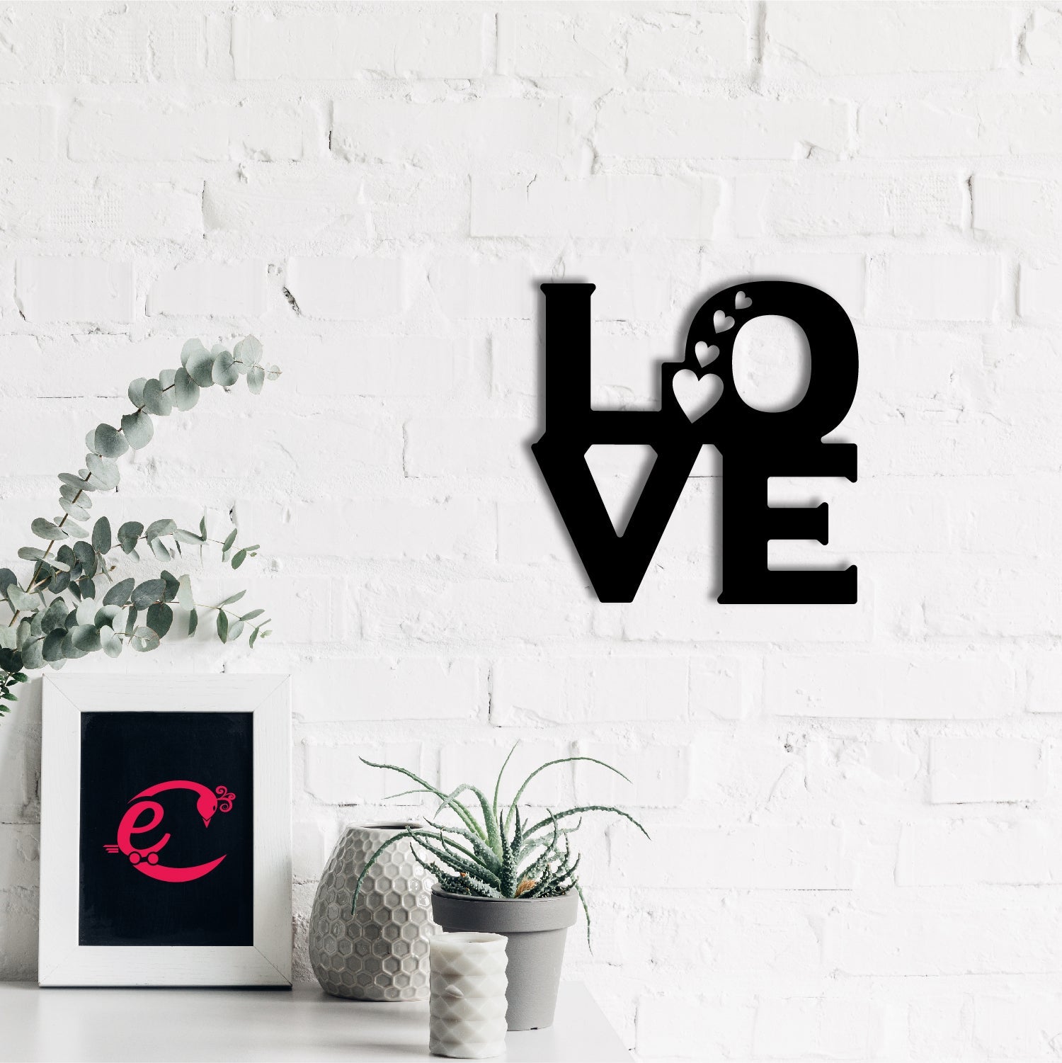 "Love with 4 Hearts" Valentine Theme Black Engineered Wood Wall Art Cutout, Ready to Hang Home Decor Kafalo