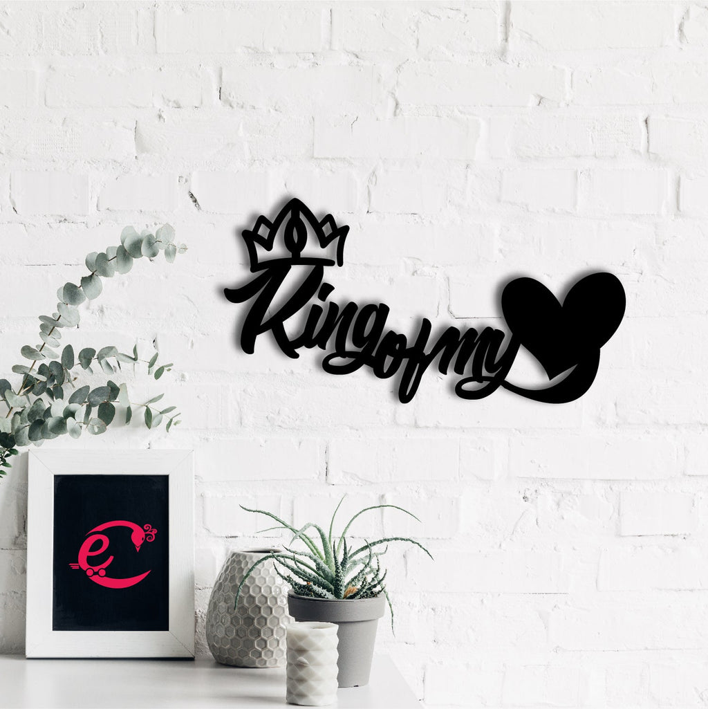 "King Of My Heart" Love Theme Black Engineered Wood Wall Art Cutout, Ready to Hang Home Decor Kafalo