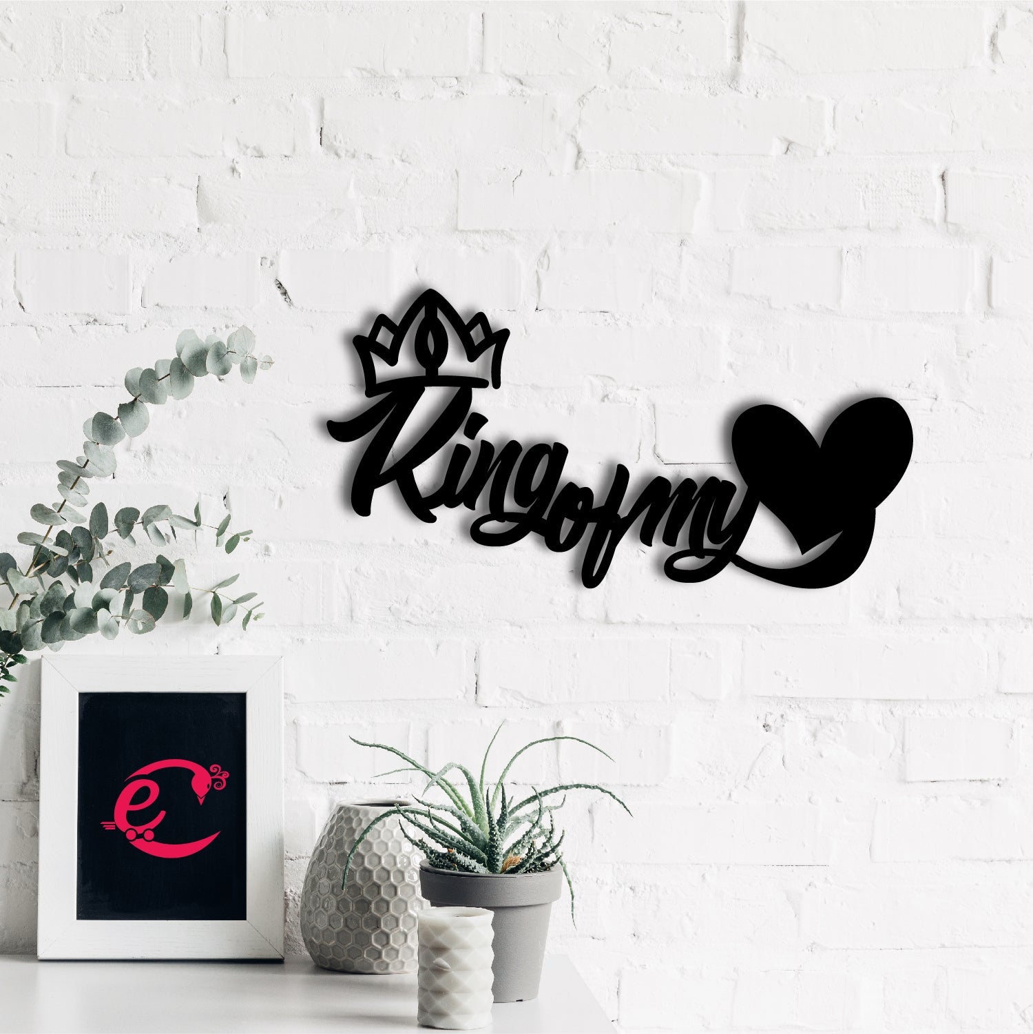 "King Of My Heart" Love Theme Black Engineered Wood Wall Art Cutout, Ready to Hang Home Decor Kafalo