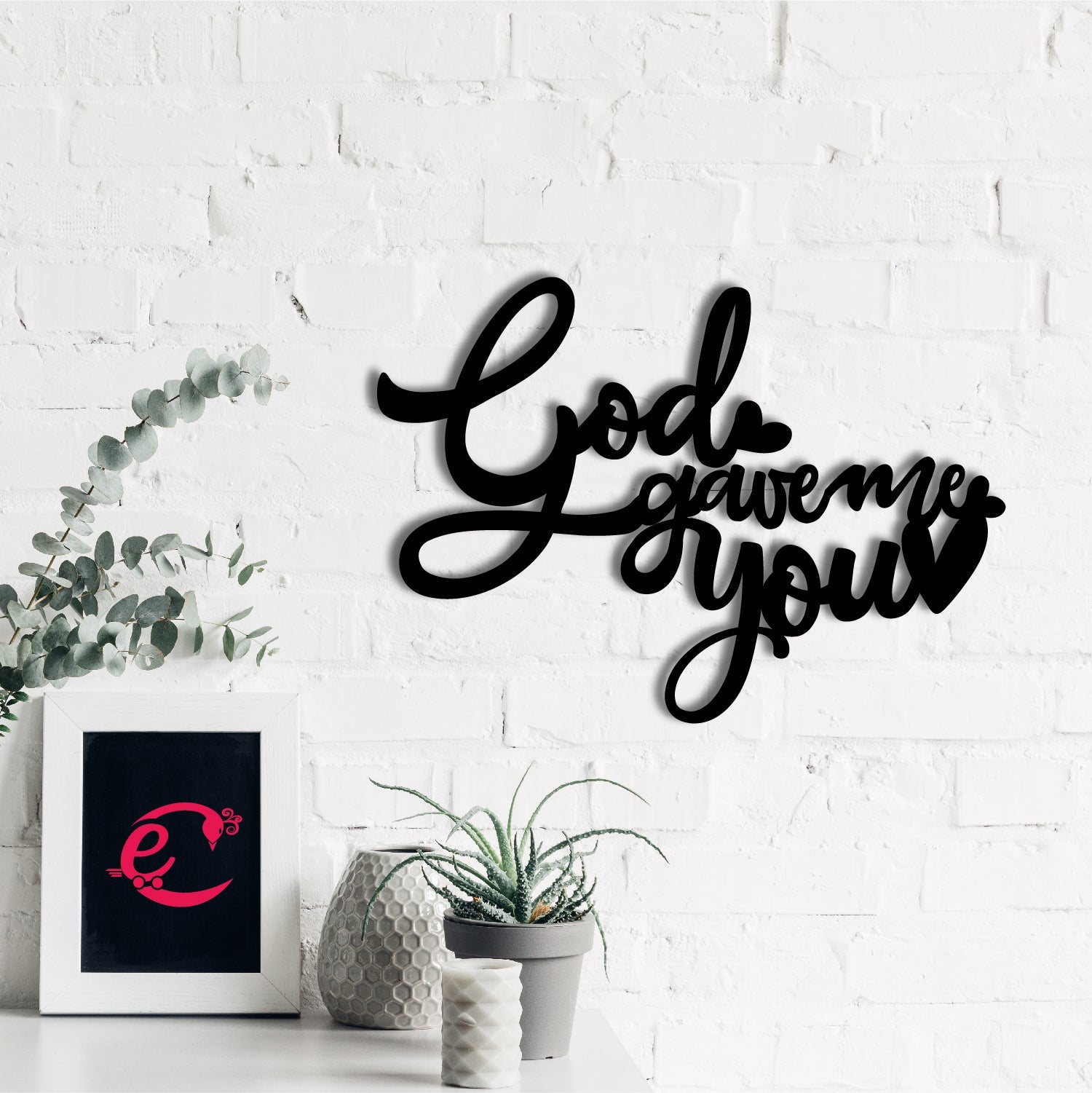 "God Gave Me You" Love Theme Black Engineered Wood Wall Art Cutout, Ready to Hang Home Decor Kafalo