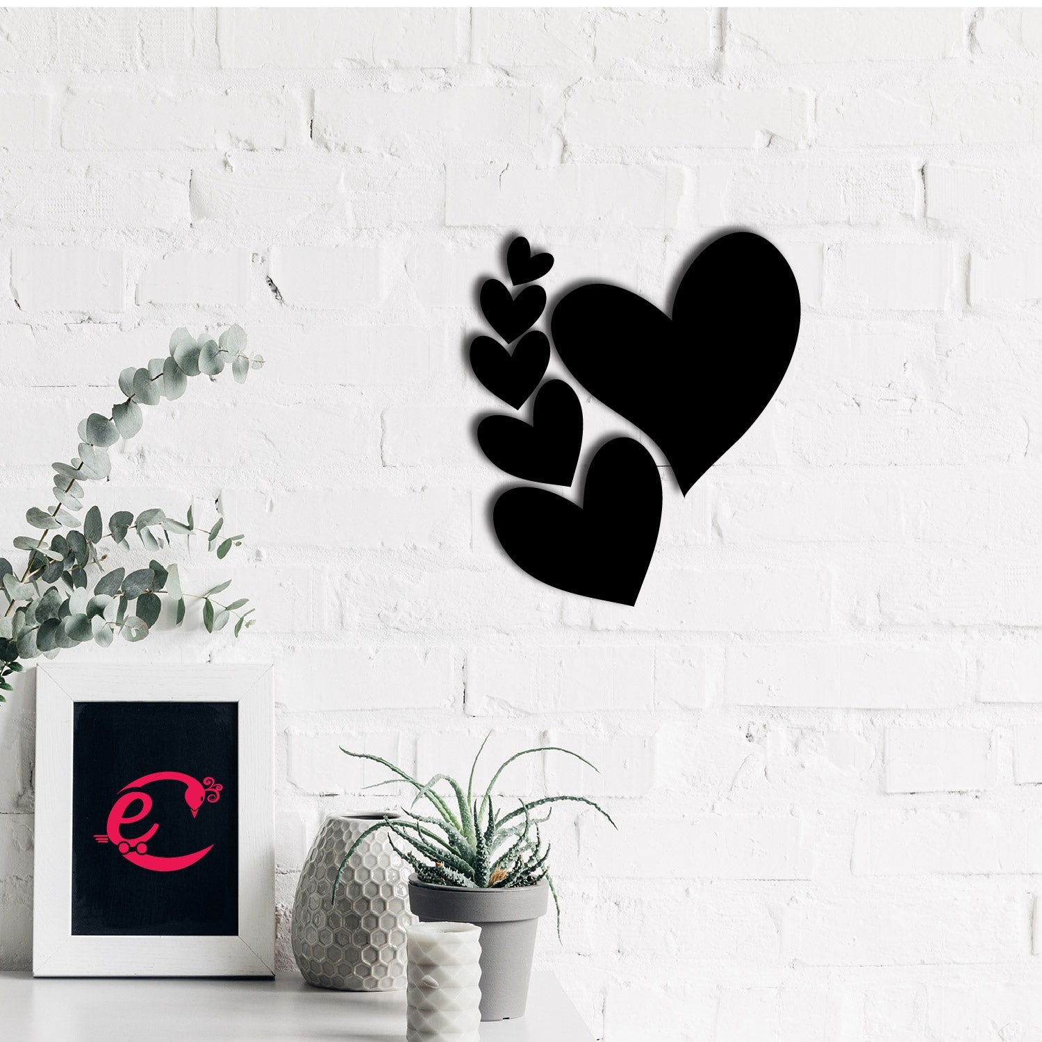 Set Of 6 Hearts Love Theme Black Engineered Wood Wall Art Cutout, Ready To Hang Home Decor Kafalo