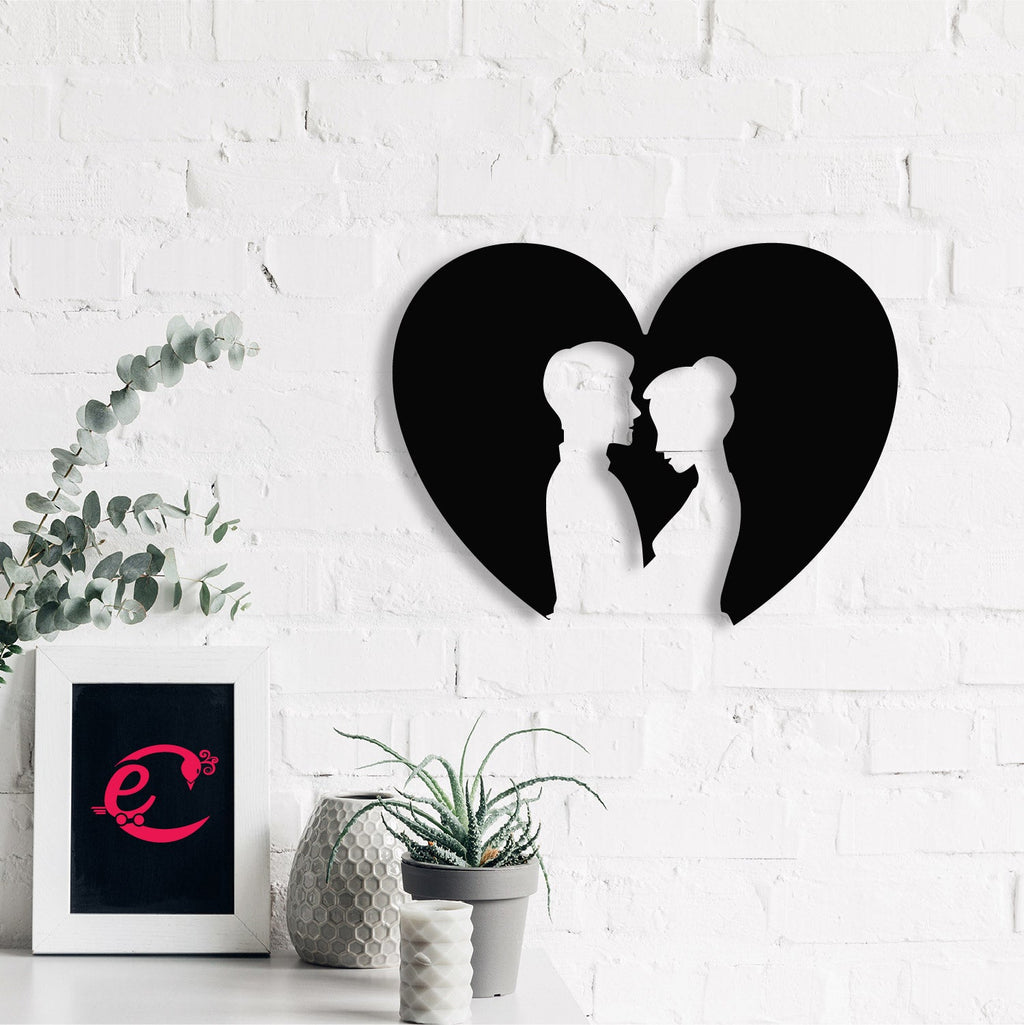 Loving Couple Carved out from Heart Black Engineered Wood Wall Art Cutout, Ready to Hang Home Decor Kafalo