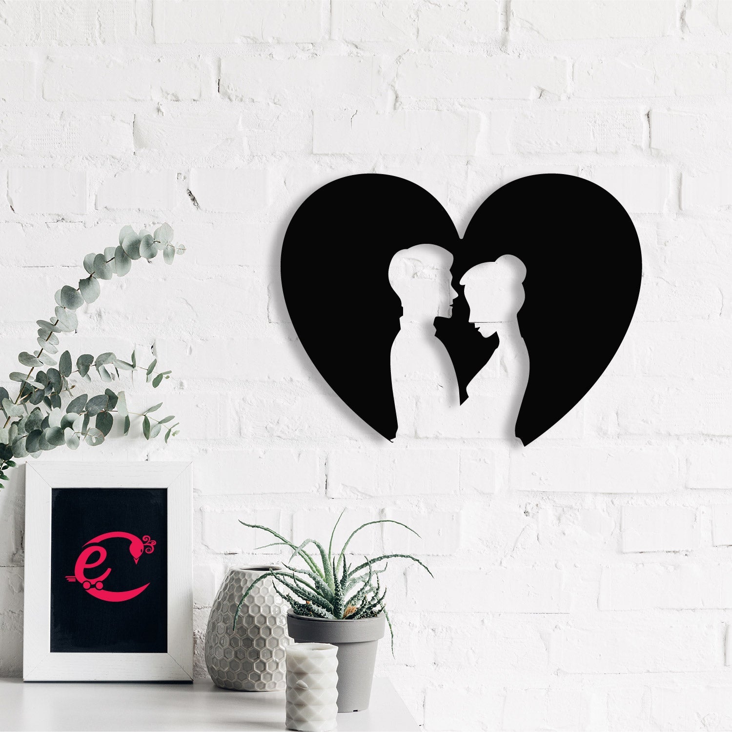 Loving Couple Carved out from Heart Black Engineered Wood Wall Art Cutout, Ready to Hang Home Decor Kafalo