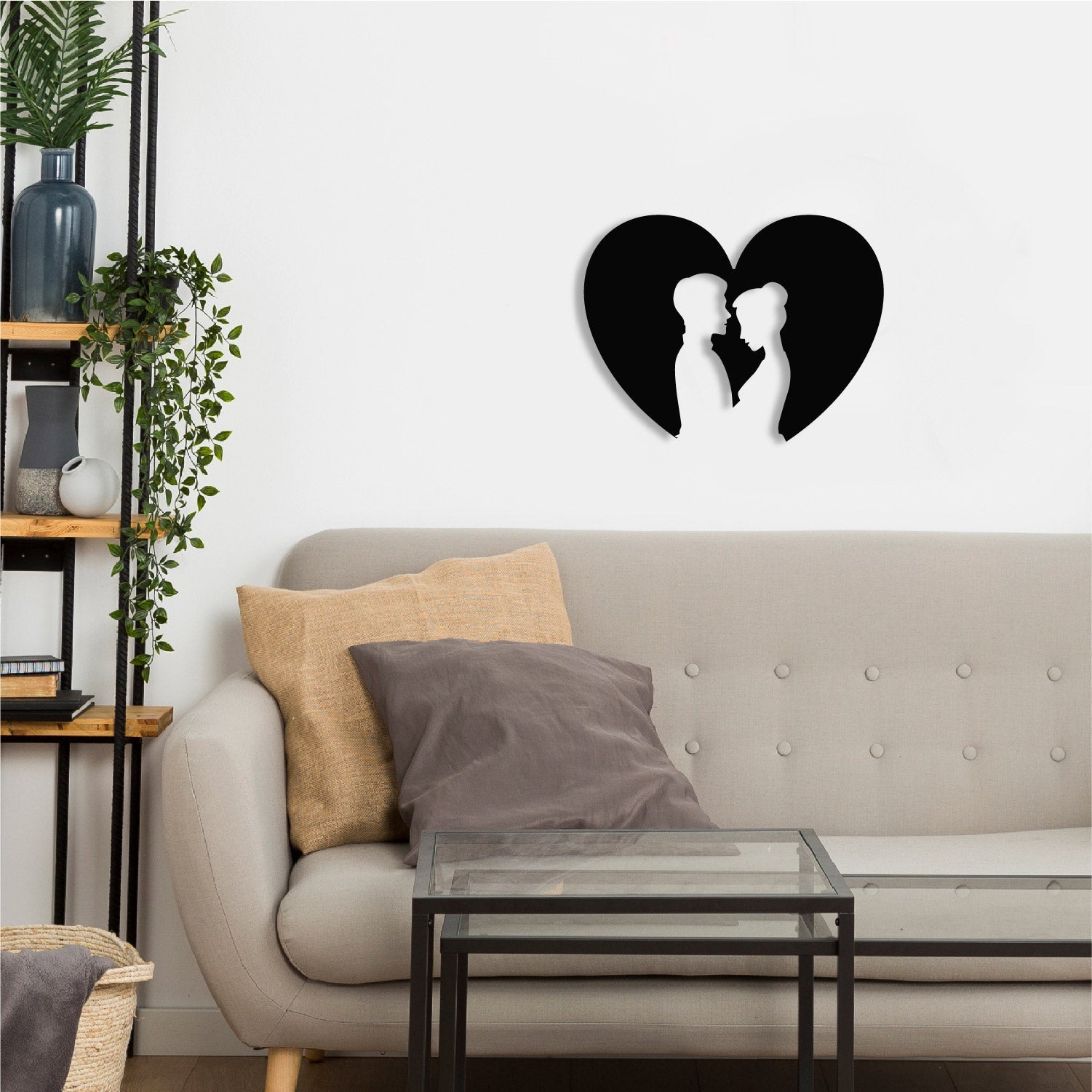 Loving Couple Carved out from Heart Black Engineered Wood Wall Art Cutout, Ready to Hang Home Decor Kafalo