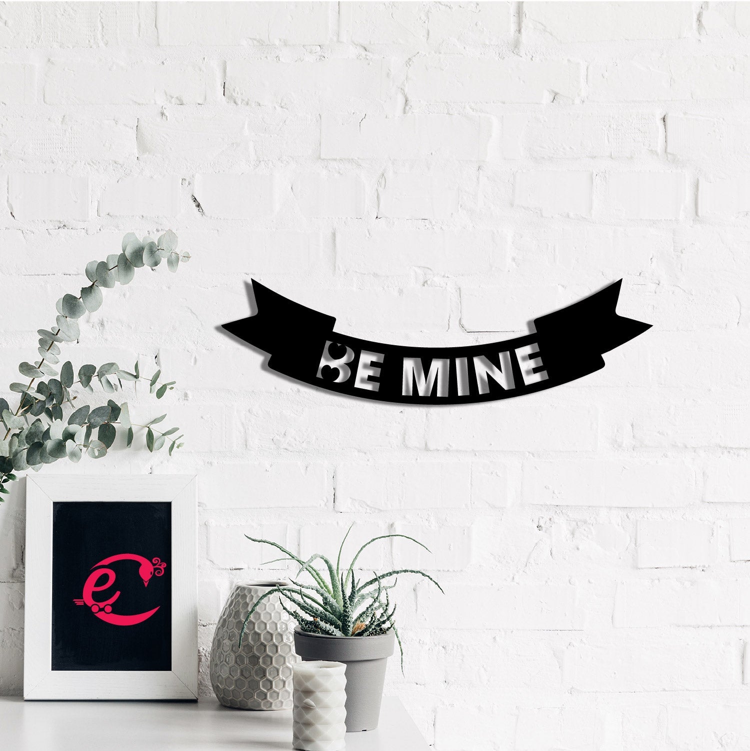 "Be Mine" Love Theme Black Engineered Wood Wall Art Cutout, Ready to Hang Home Decor Kafalo