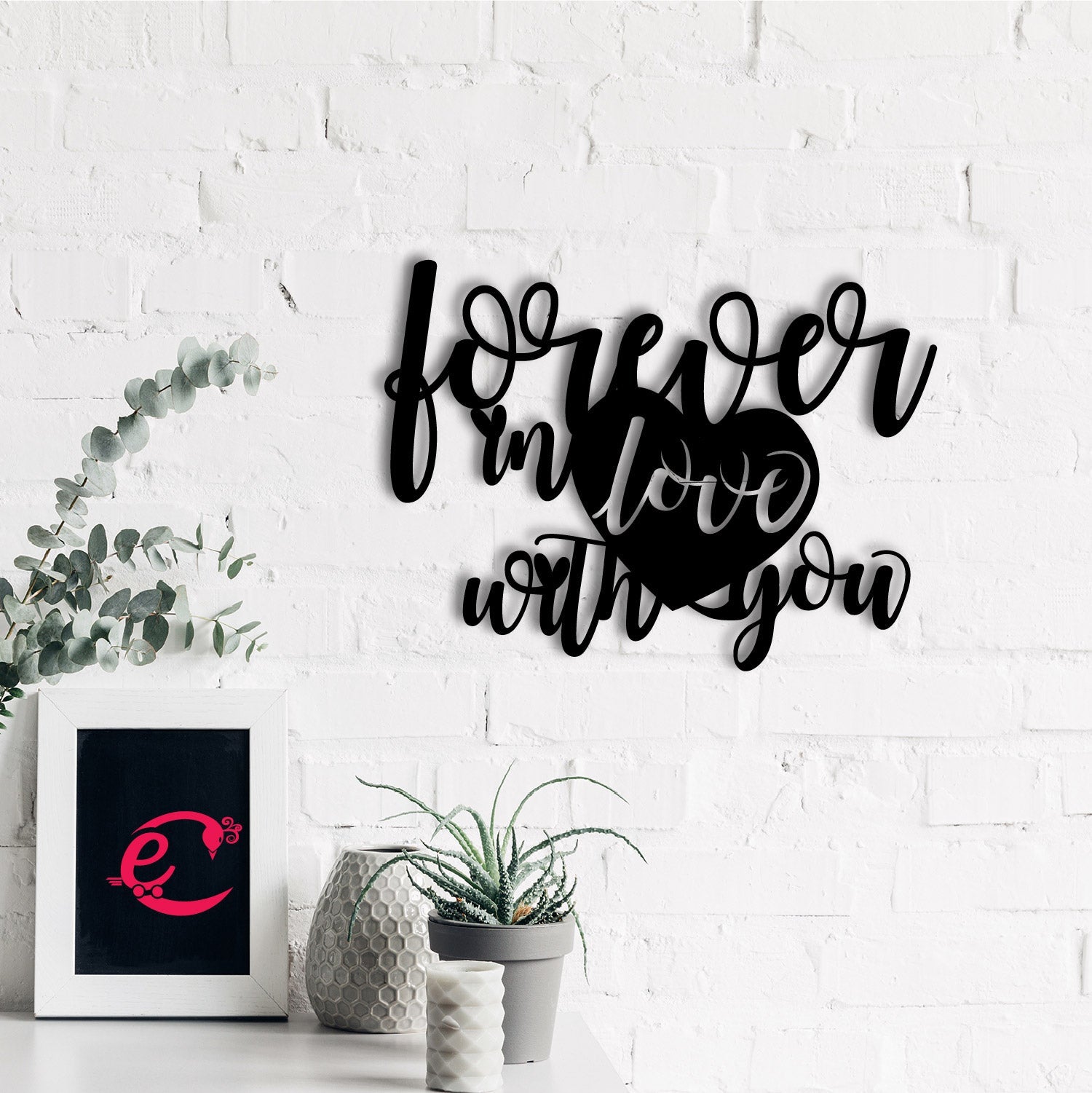 "Forever In Love With You" Valentine Theme Black Engineered Wood Wall Art Cutout, Ready to Hang Home Decor Kafalo