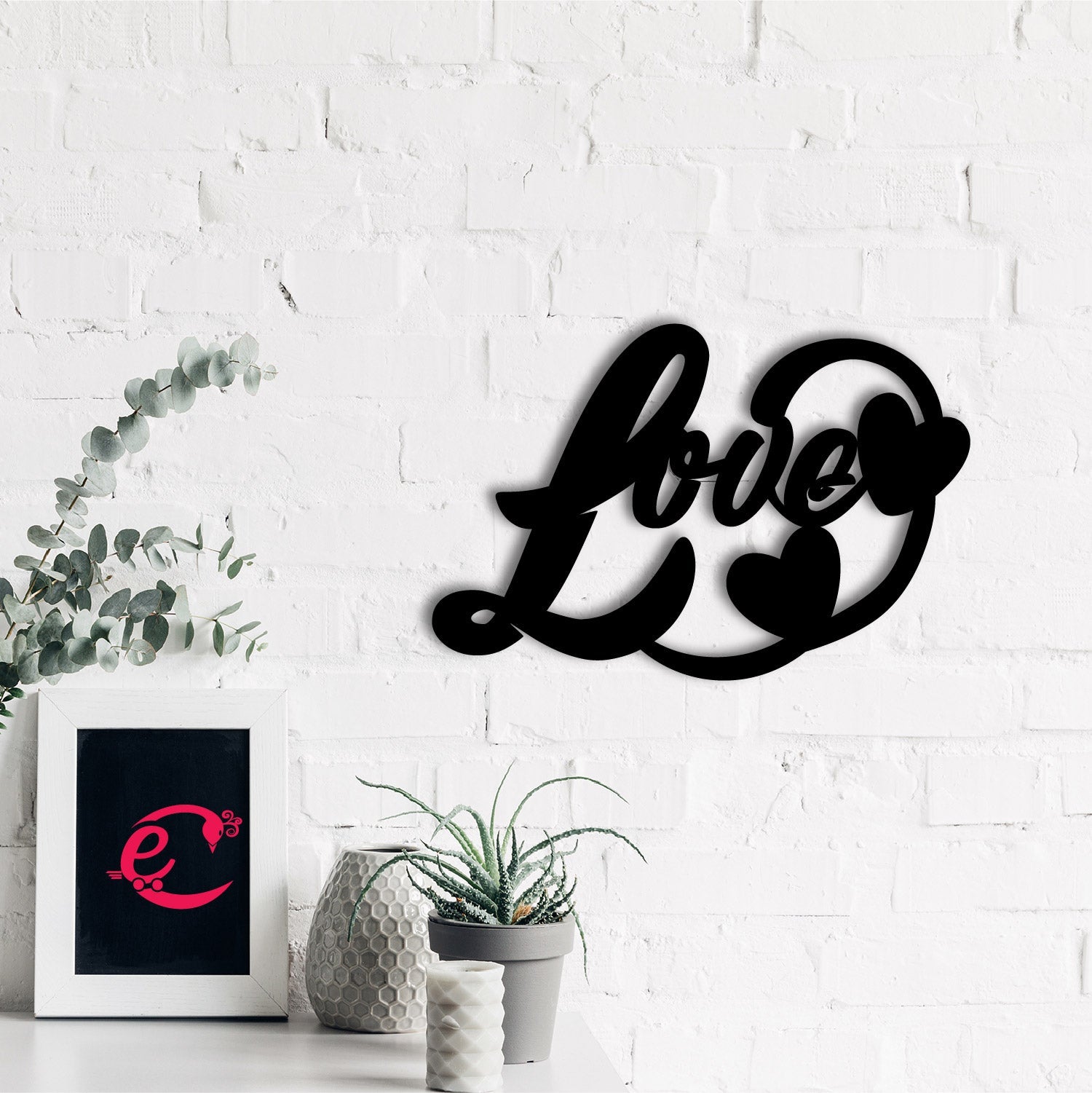 "Love with Hearts" Black Engineered Wood Wall Art Cutout, Ready to Hang Home Decor Kafalo