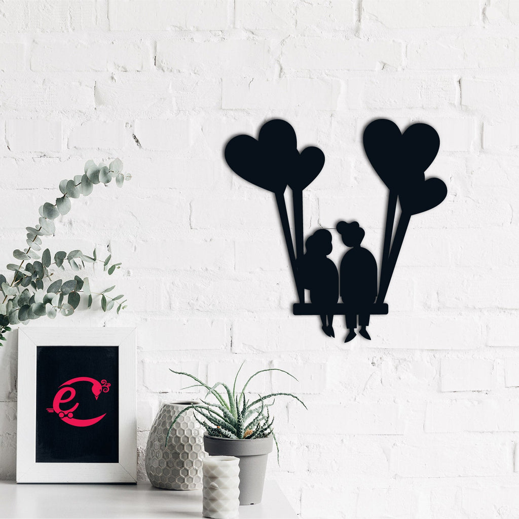 Young Loving Couple with Hearts Balloons Black Engineered Wood Wall Art Cutout, Ready to Hang Home Decor Kafalo