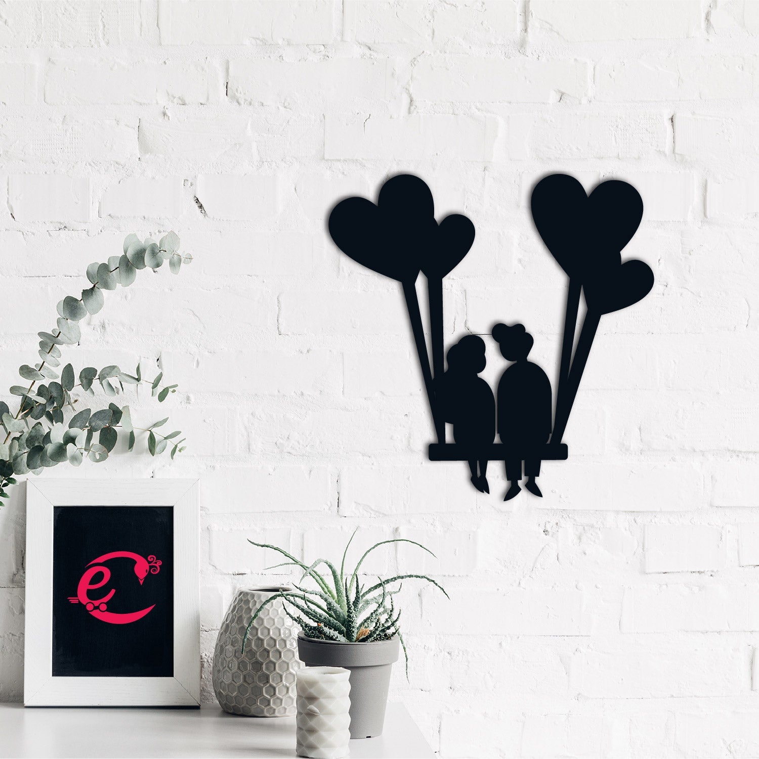 Young Loving Couple with Hearts Balloons Black Engineered Wood Wall Art Cutout, Ready to Hang Home Decor Kafalo