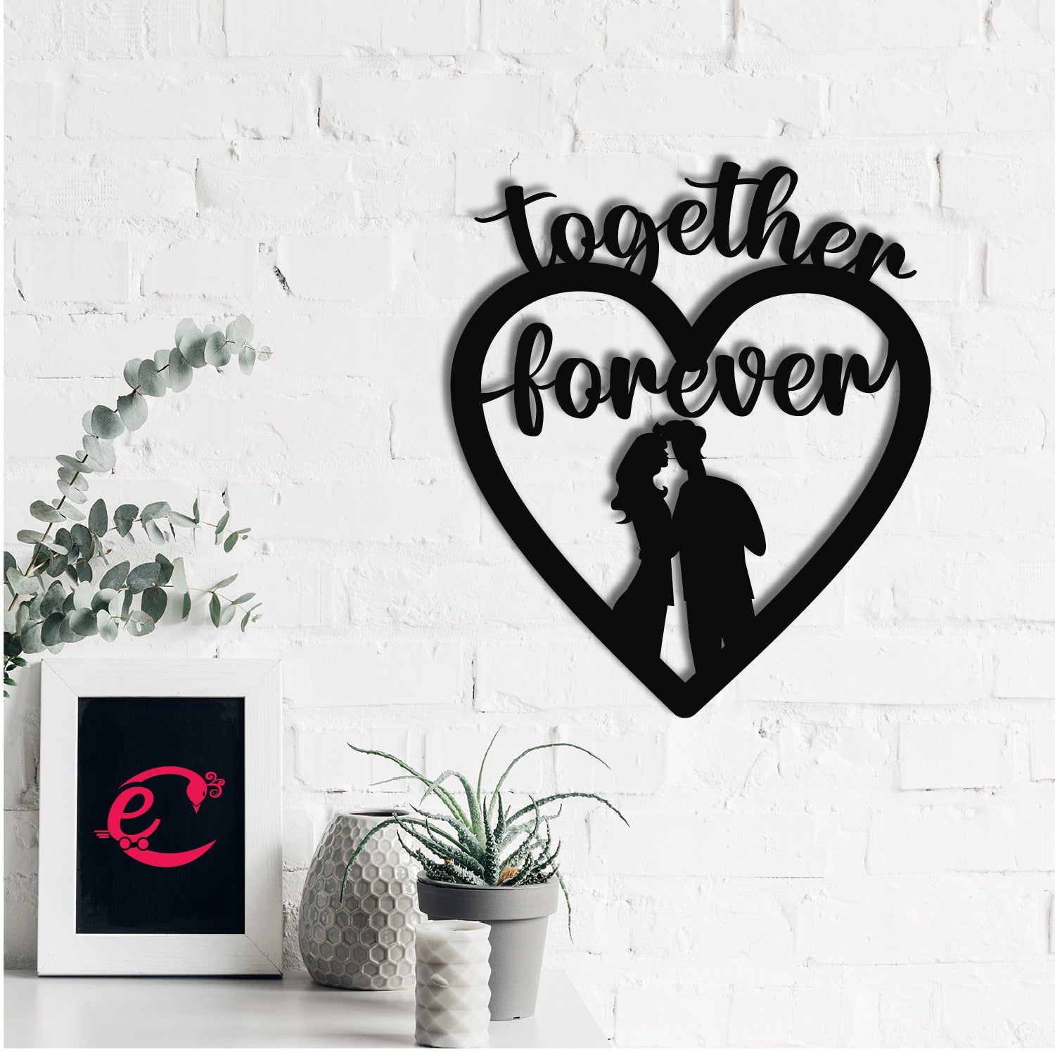 "Together Forever" Love Theme Black Engineered Wood Wall Art Cutout, Ready to Hang Home Decor Kafalo