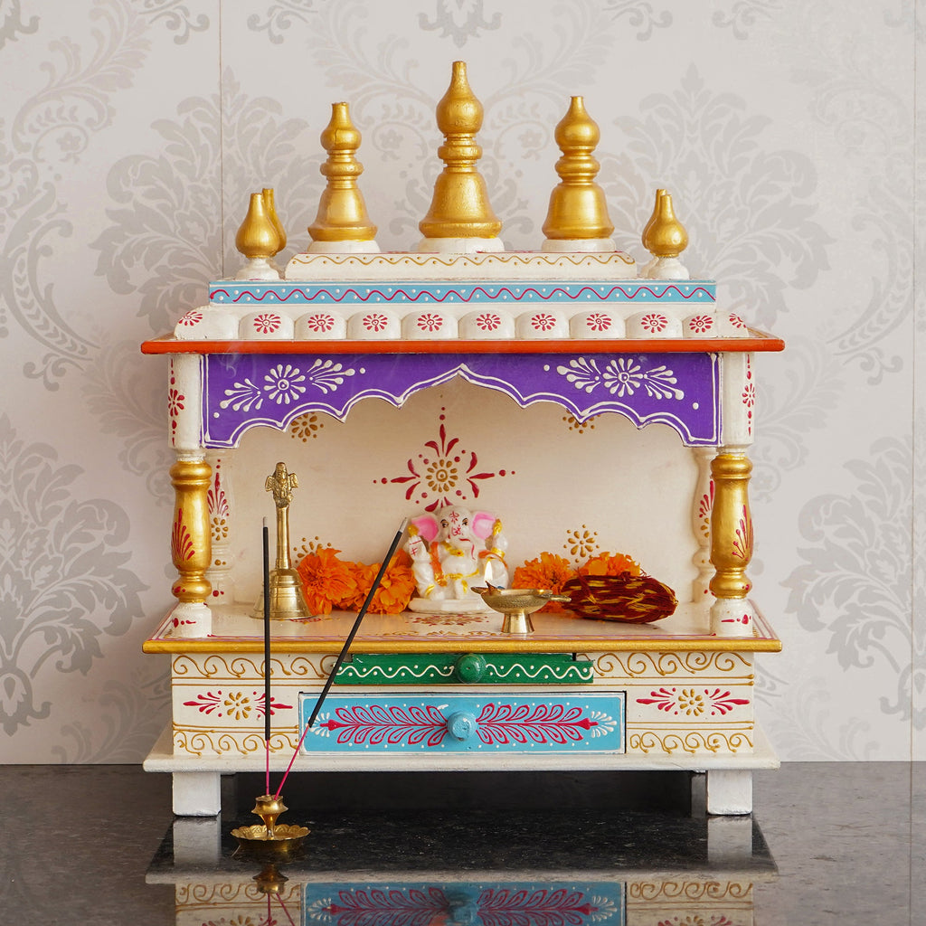 Golden and White Wooden Pooja Temple/Mandir with Storage Option Kafalo