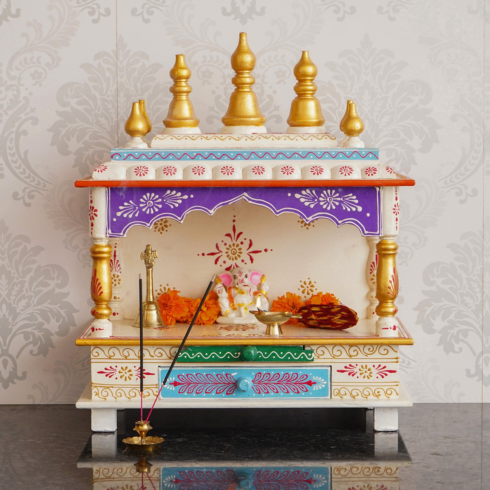 Golden and White Wooden Pooja Temple/Mandir with Storage Option Kafalo