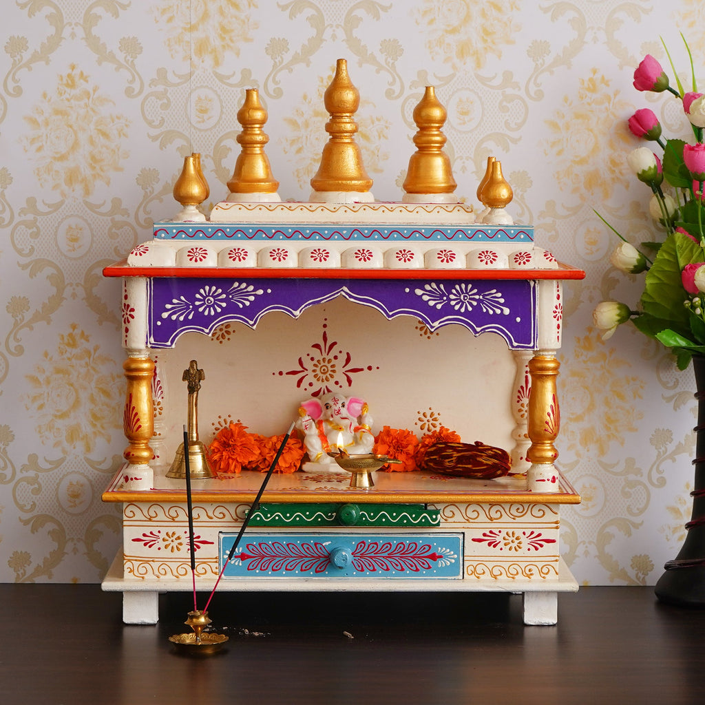 Golden and White Wooden Pooja Temple/Mandir with Storage Option Kafalo